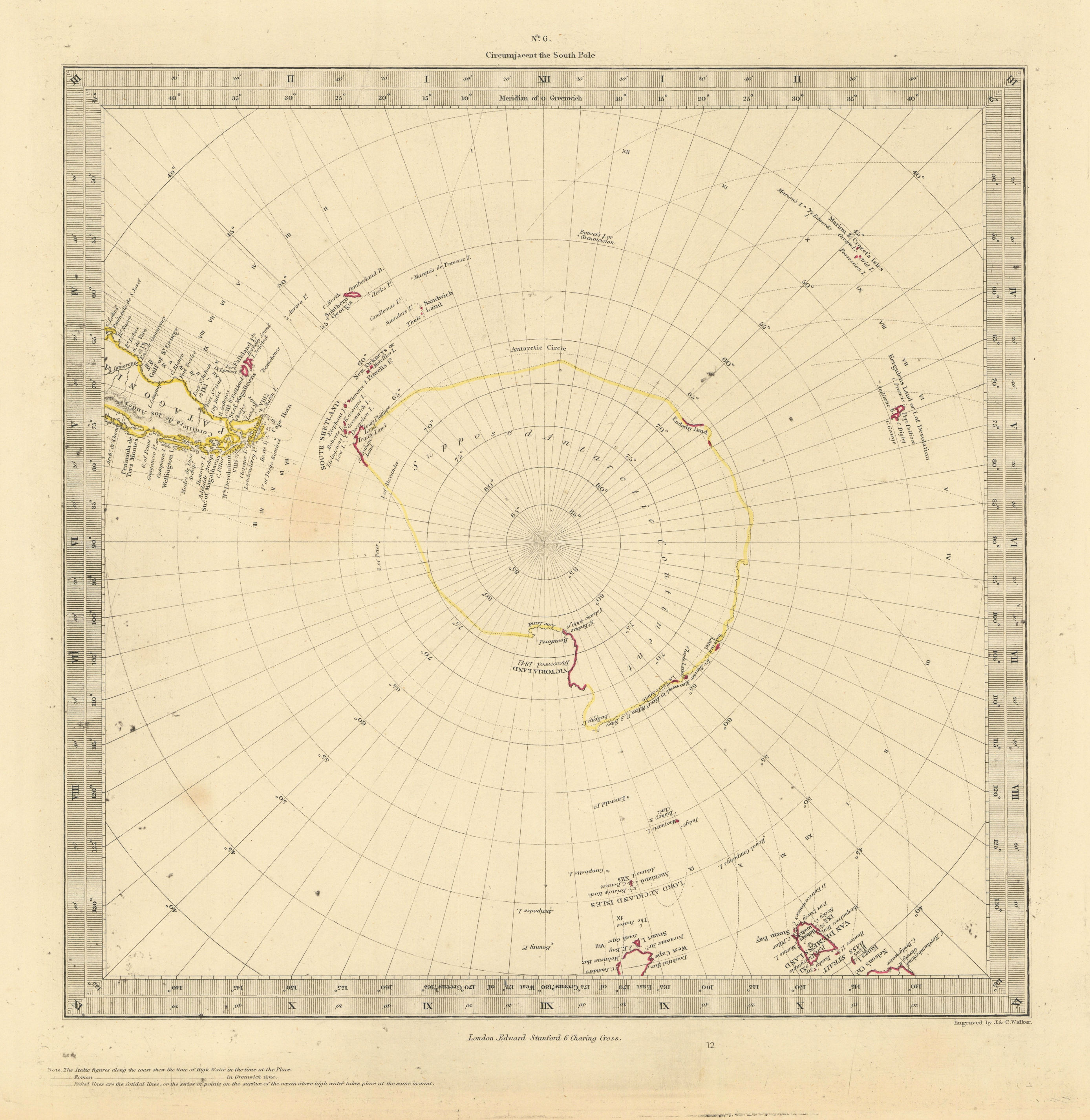 SOUTH POLE ANTARCTIC. Gnomonic Projection. To 45˚ S Latitude. SDUK 1856 map