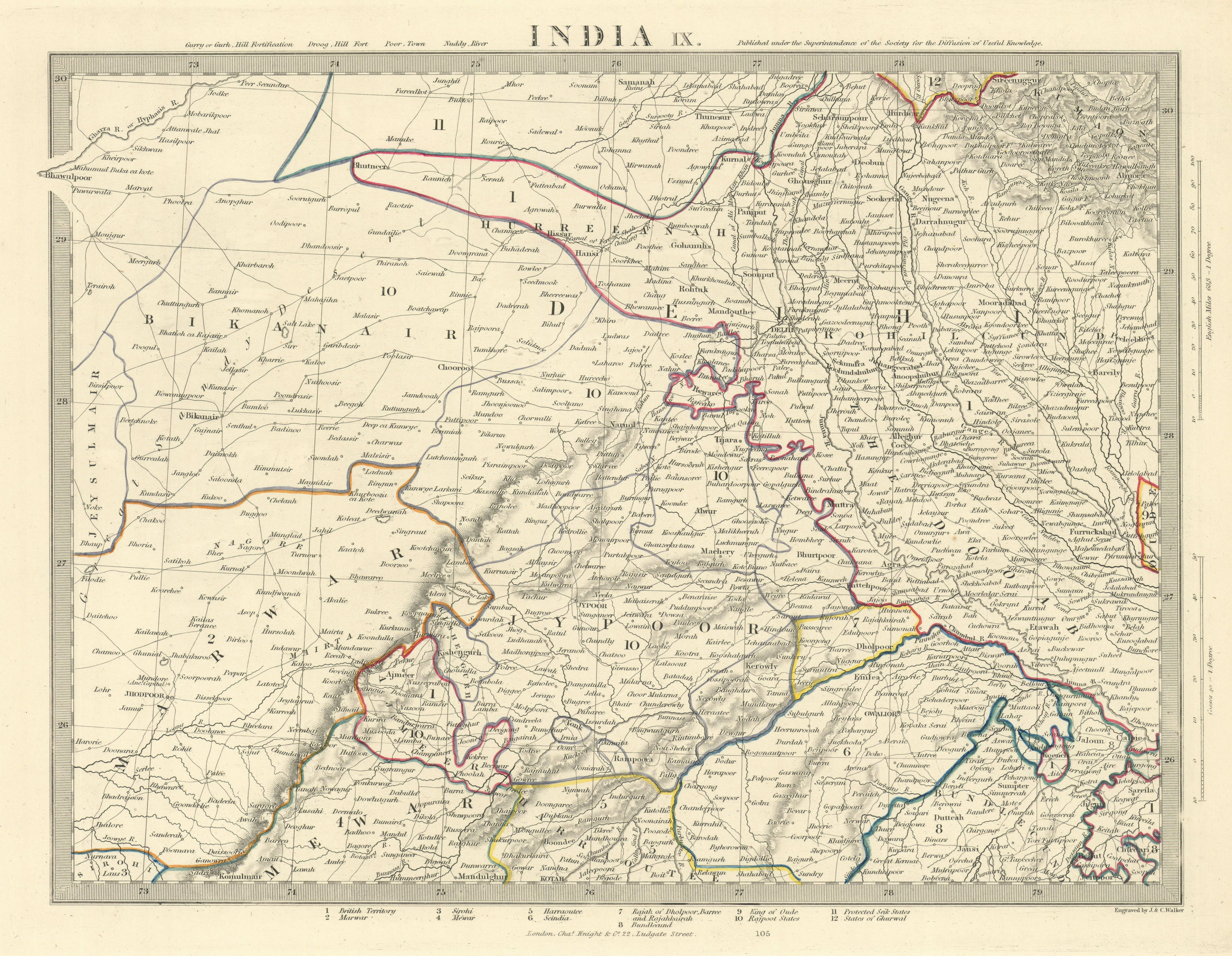 Associate Product INDIA IX. RAJASTHAN Delhi Jaipur Marwar Bikaner Mewar Bundelkhand. SDUK 1851 map