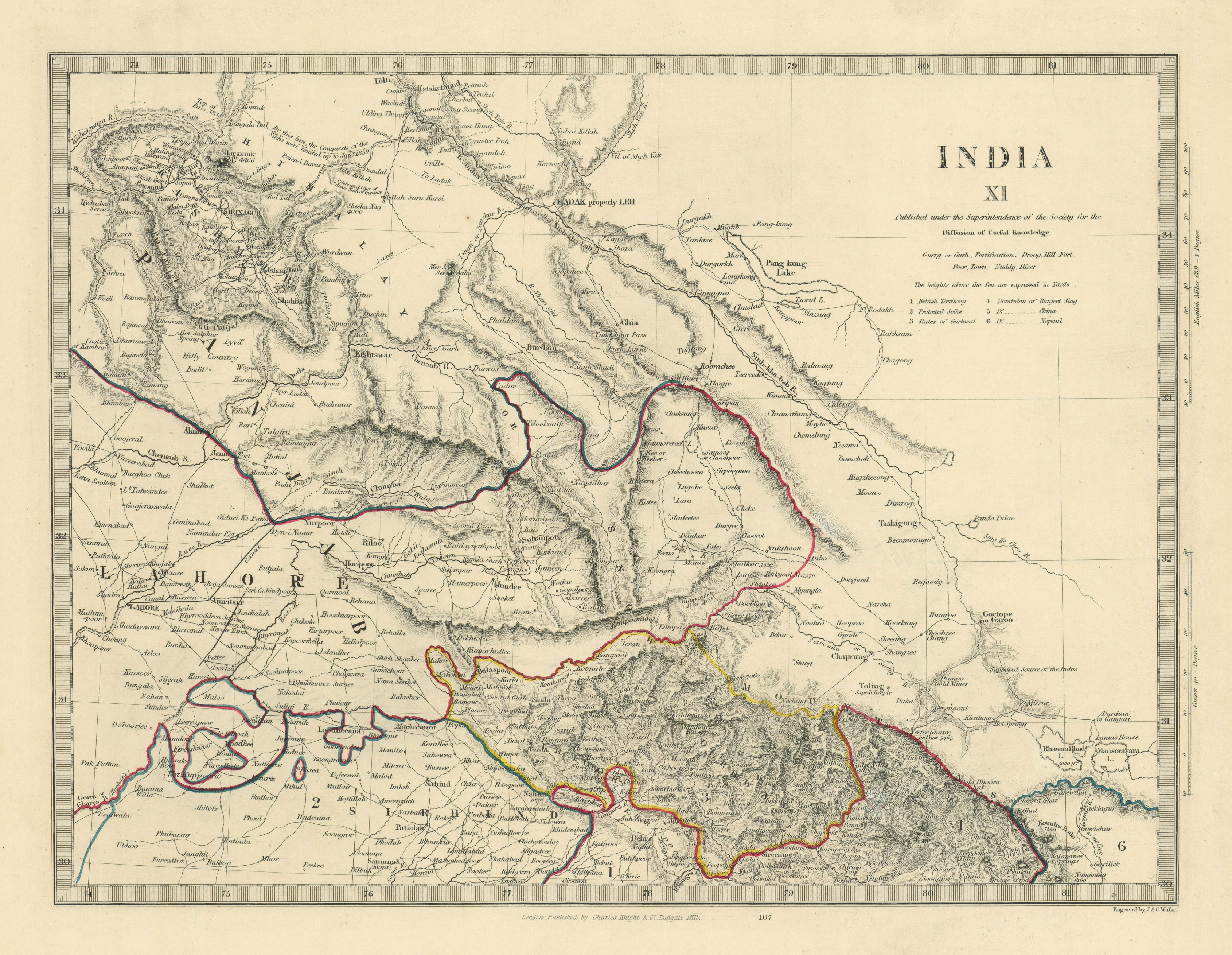 INDIA XI. PAKISTAN. Punjab Garhwal Lahore Sirhind Kashmir China. SDUK 1851 map
