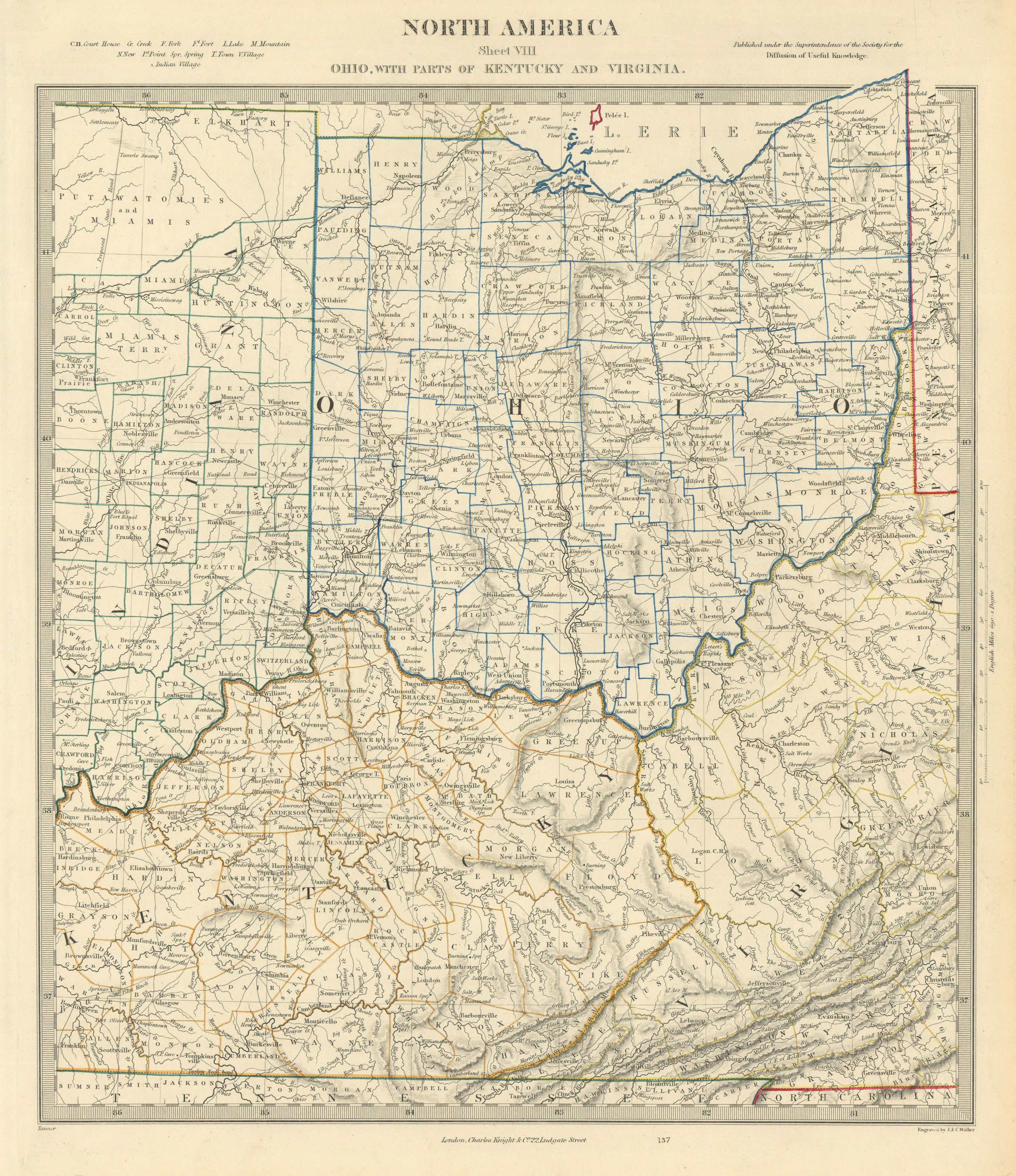 USA. Ohio with parts of Kentucky, Virginia & Indiana. Counties. SDUK 1851 map