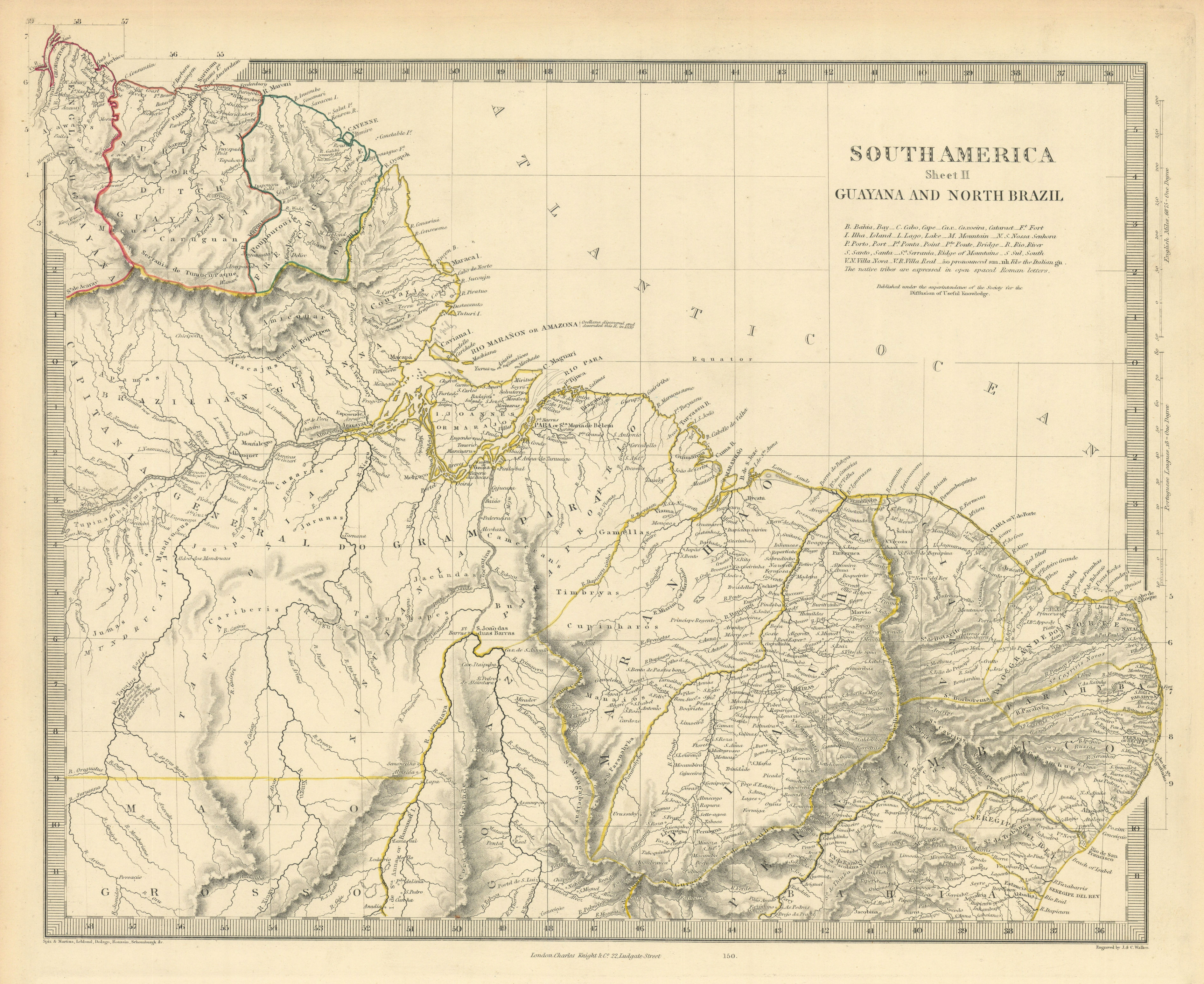 Associate Product AMAZONIA. Showing Indian tribes. Guyana Surinam Brazil. Recife. SDUK 1851 map