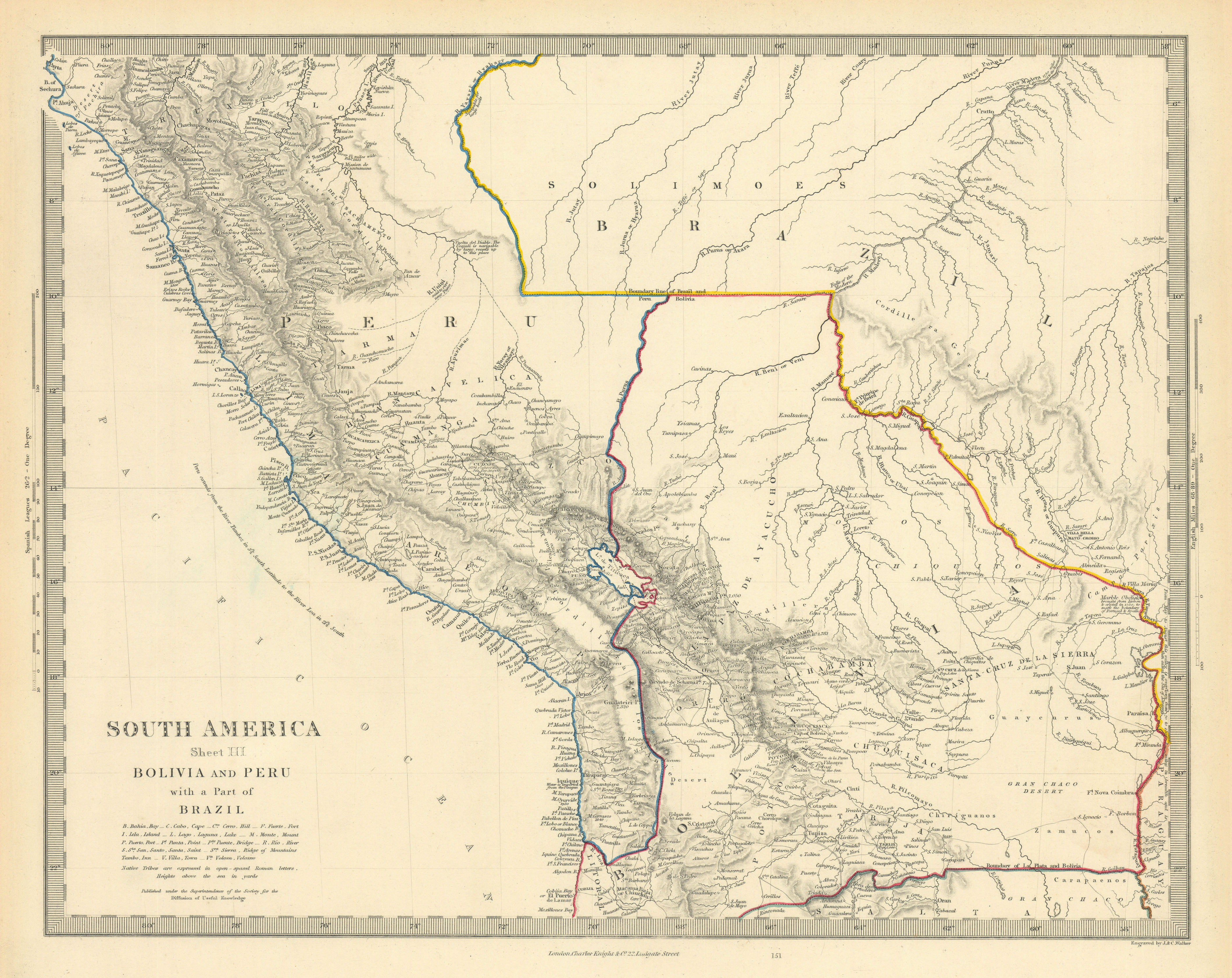 Associate Product BOLIVIA & PERU with a part of Brazil. Bolivia Litoral / sea coast. SDUK 1851 map