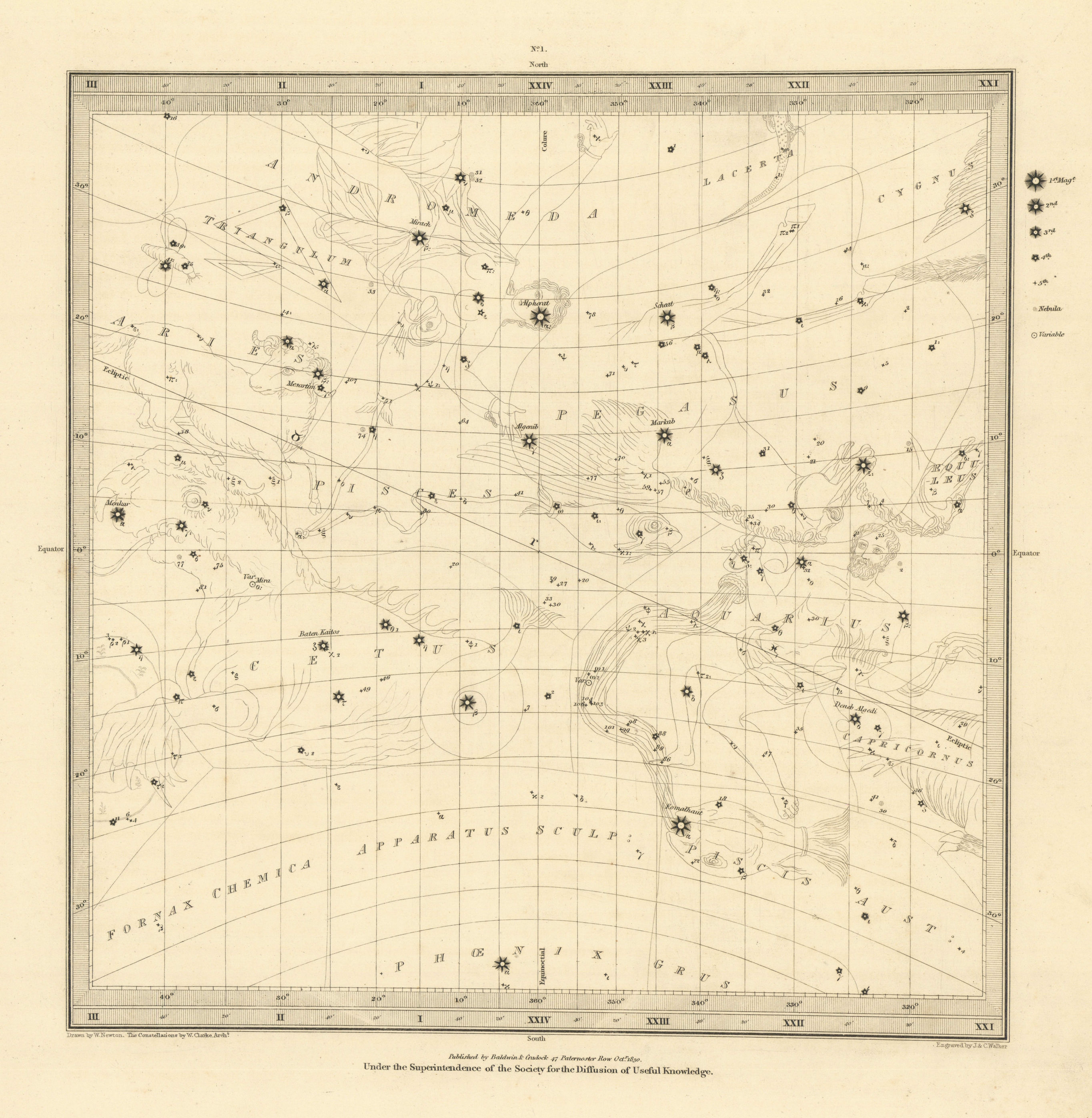 ASTRONOMY CELESTIAL. Star map. Star chart, I. Vernal Equinox. SDUK 1830