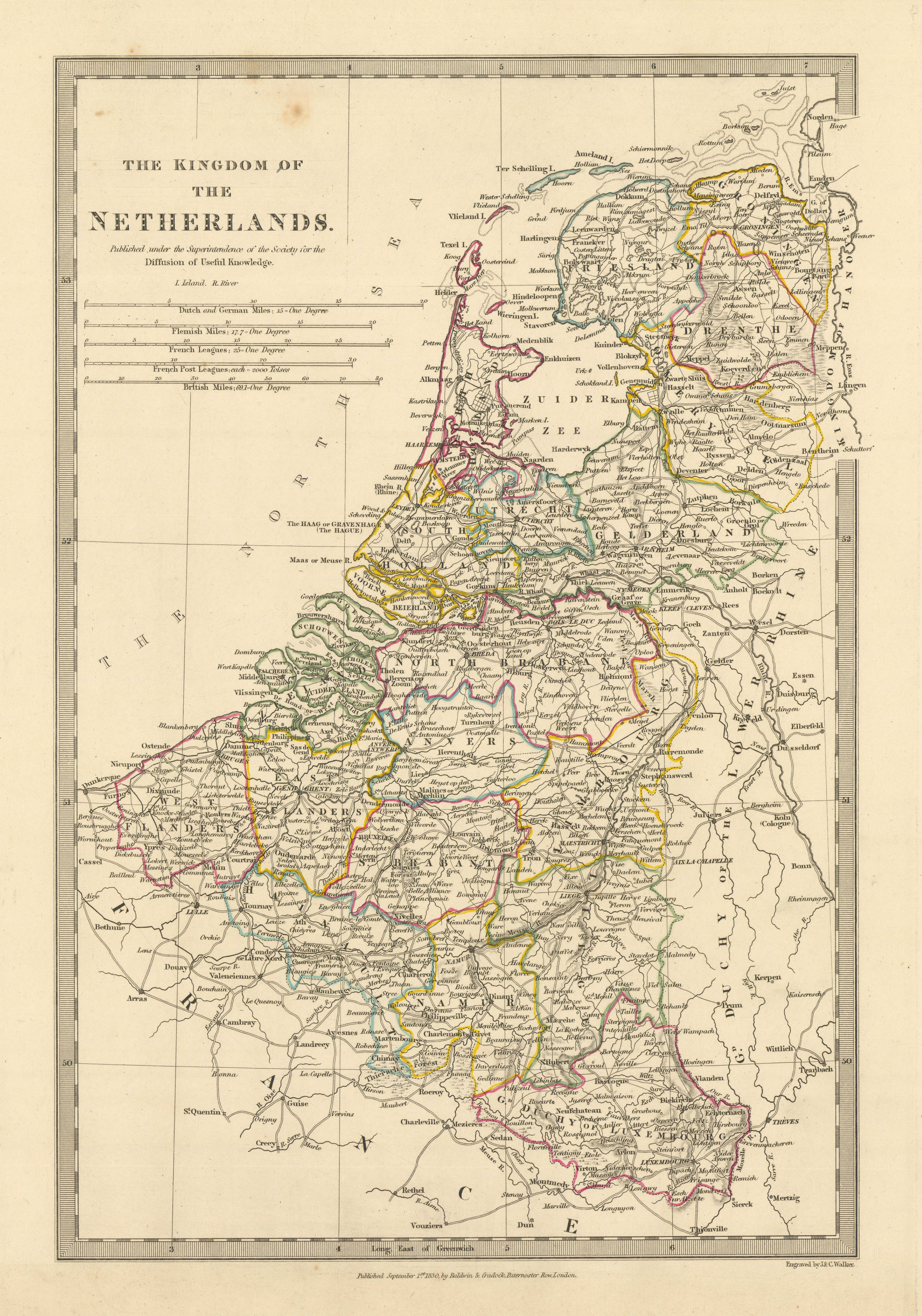 KINGDOM OF THE NETHERLANDS. & Belgium. Provinces. Holland. SDUK 1844 old map