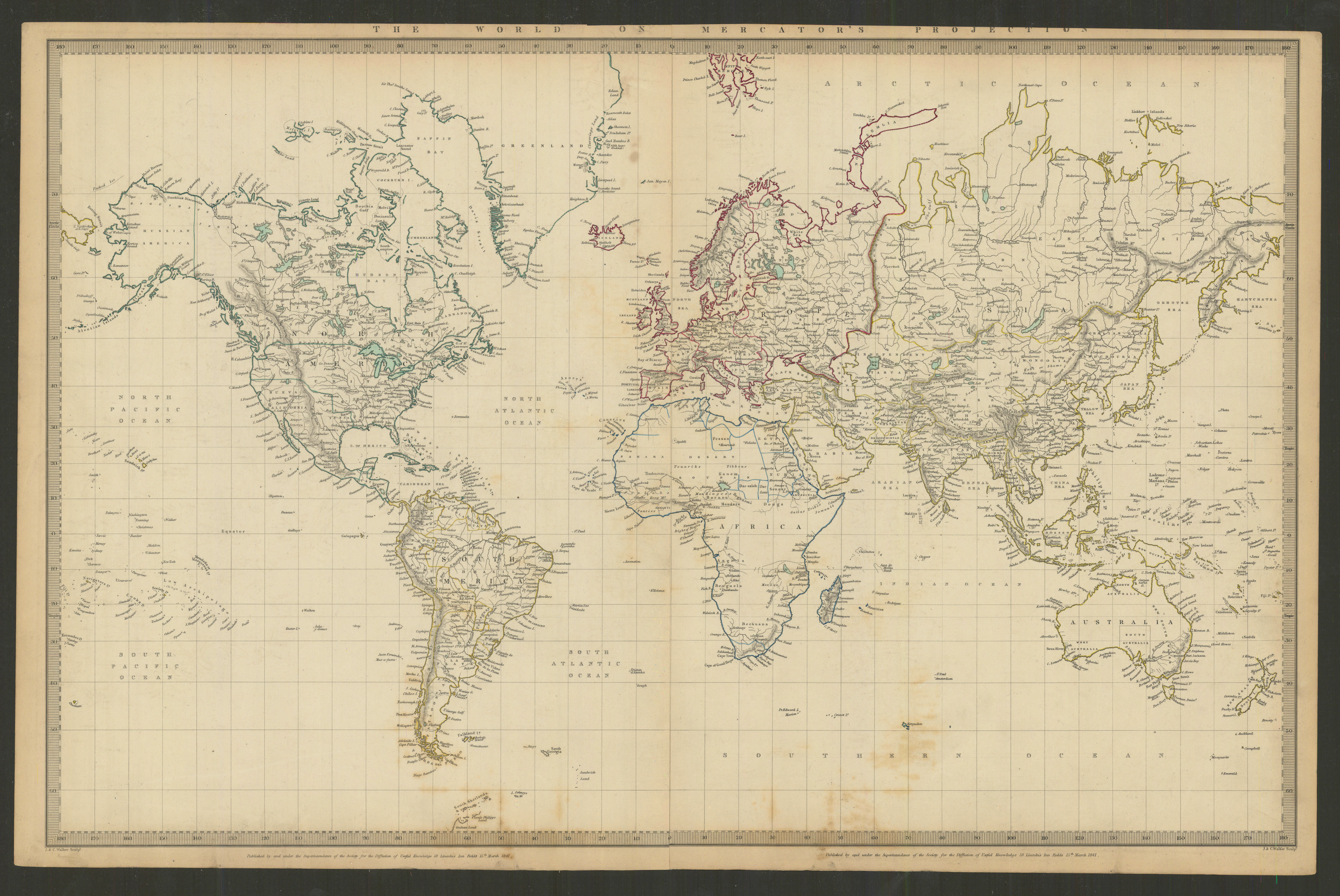 WORLD ON MERCATOR'S PROJECTION. Pre-Mexican-American war. SDUK 1844 old map
