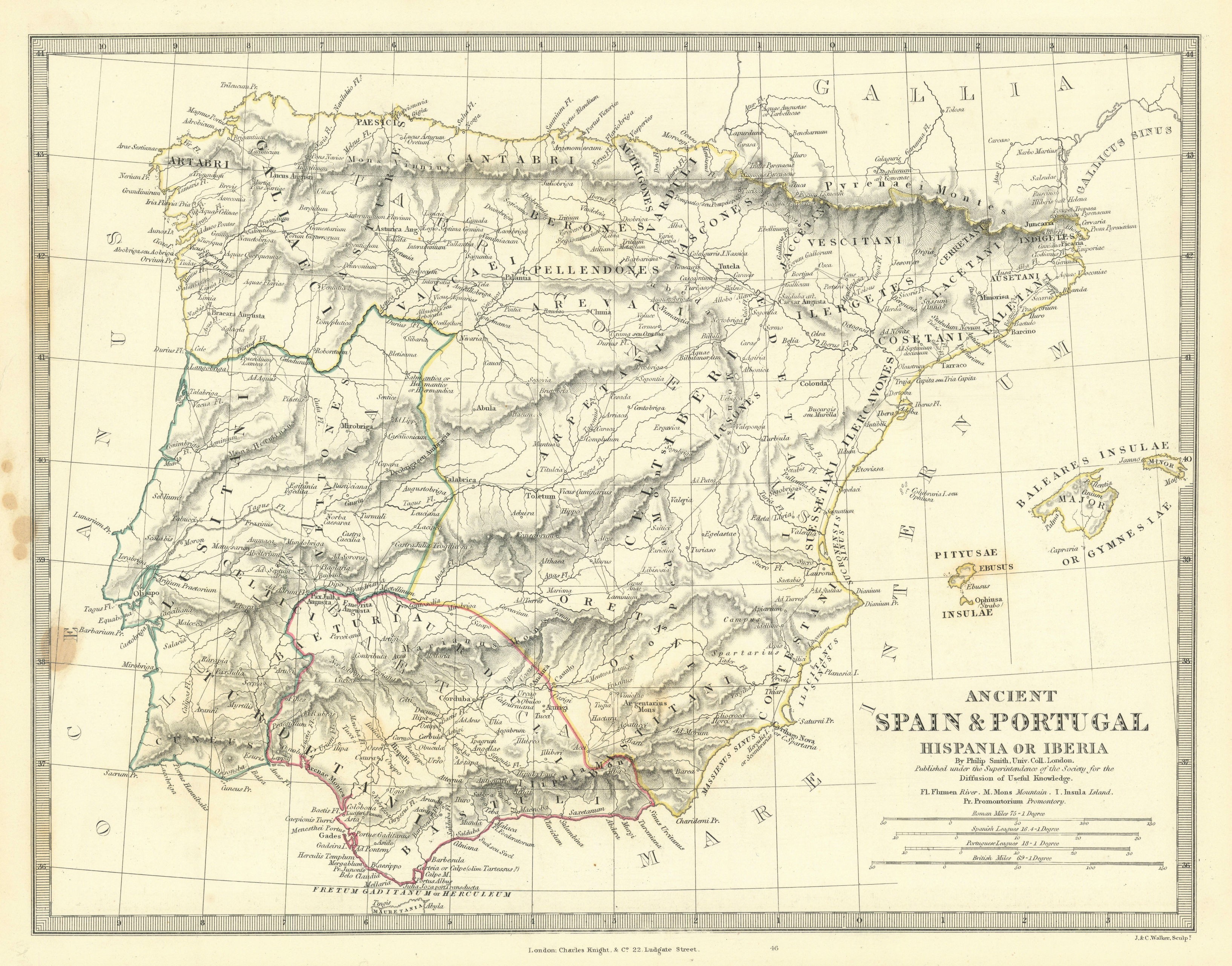 HISPANIA IBERIA. Ancient Spain & Portugal. Roman names & roads. SDUK 1844 map