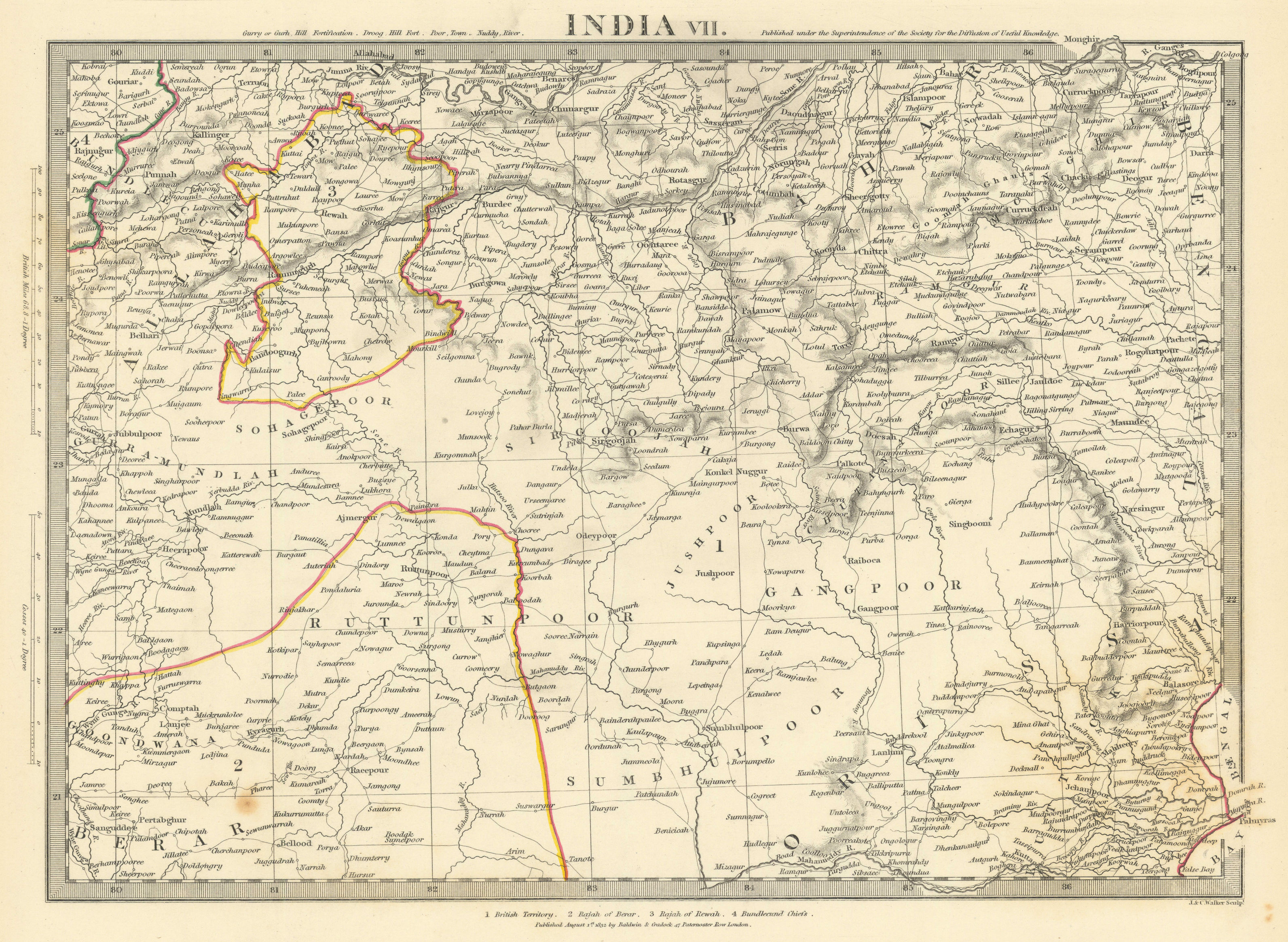 INDIA.Allahabad to Bay of Bengal.Bahar. Berar Orissa Ruttunpoor.SDUK 1844 map