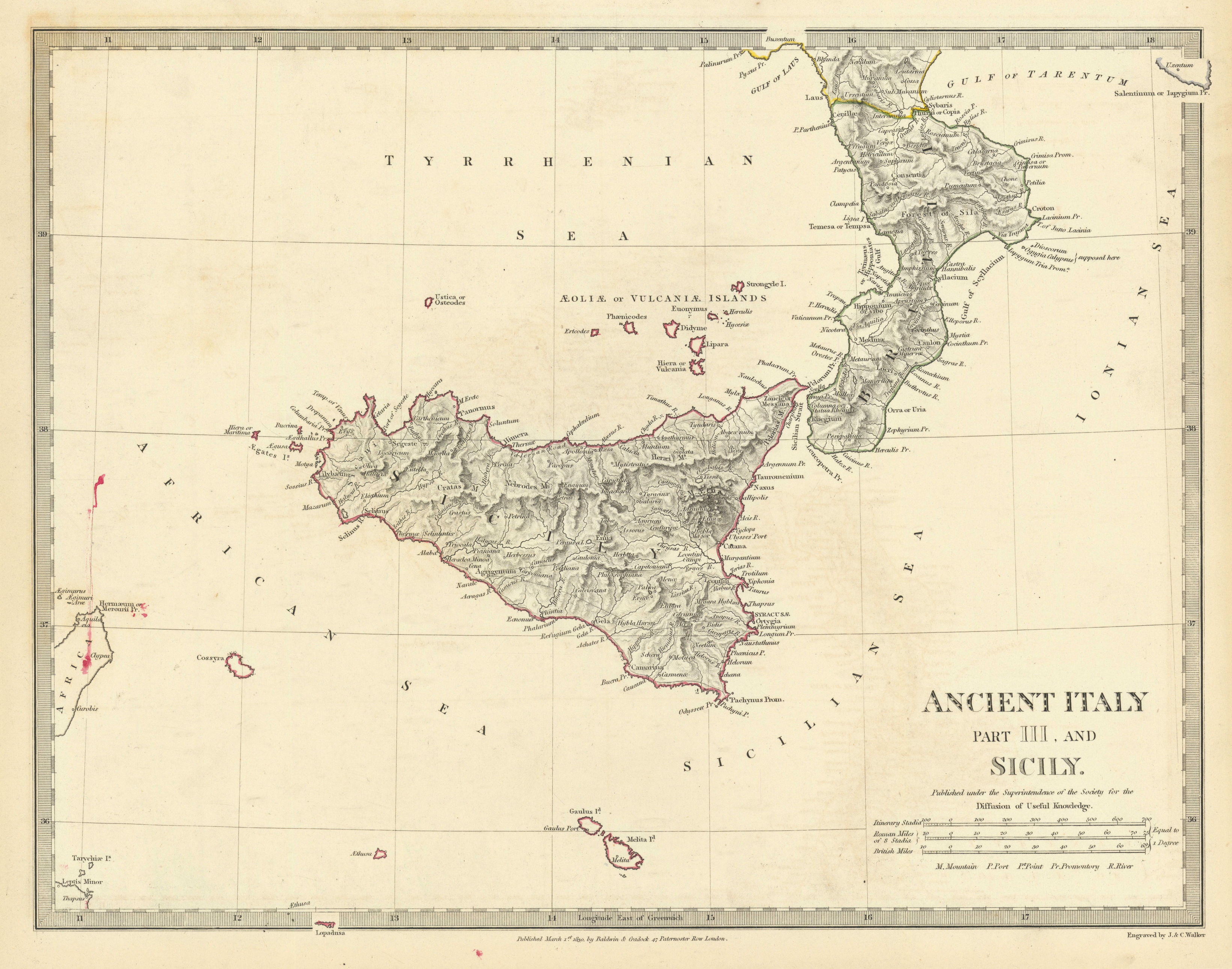 ANCIENT ITALY SOUTH Sicily Brutii Melita (Malta) Original colour SDUK 1844 map