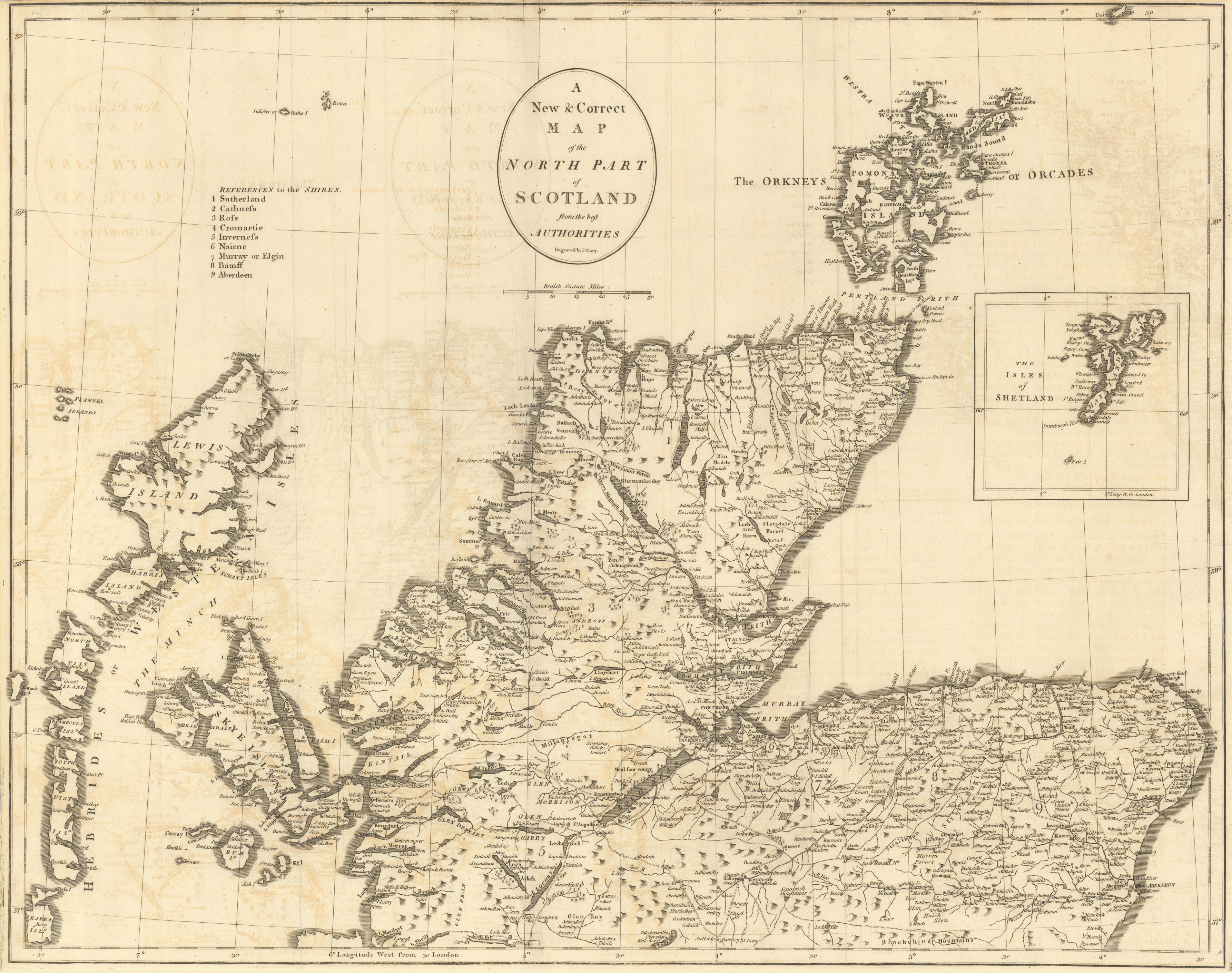 "A new & correct map of the North part of Scotland…" by John CARY 1789 old