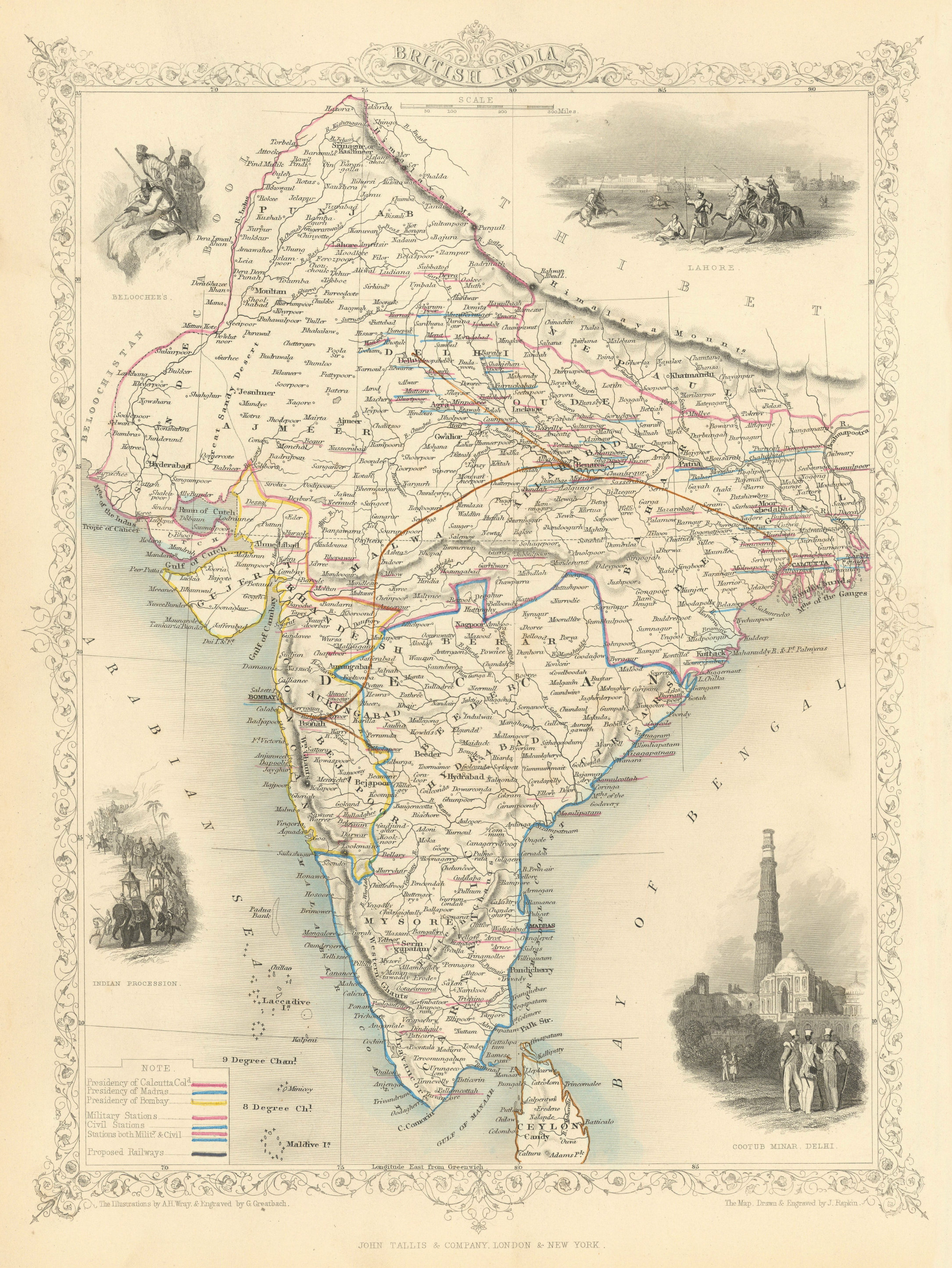 BRITISH INDIA. shows 'Proposed Railways'. Military bases.TALLIS/RAPKIN 1851 map