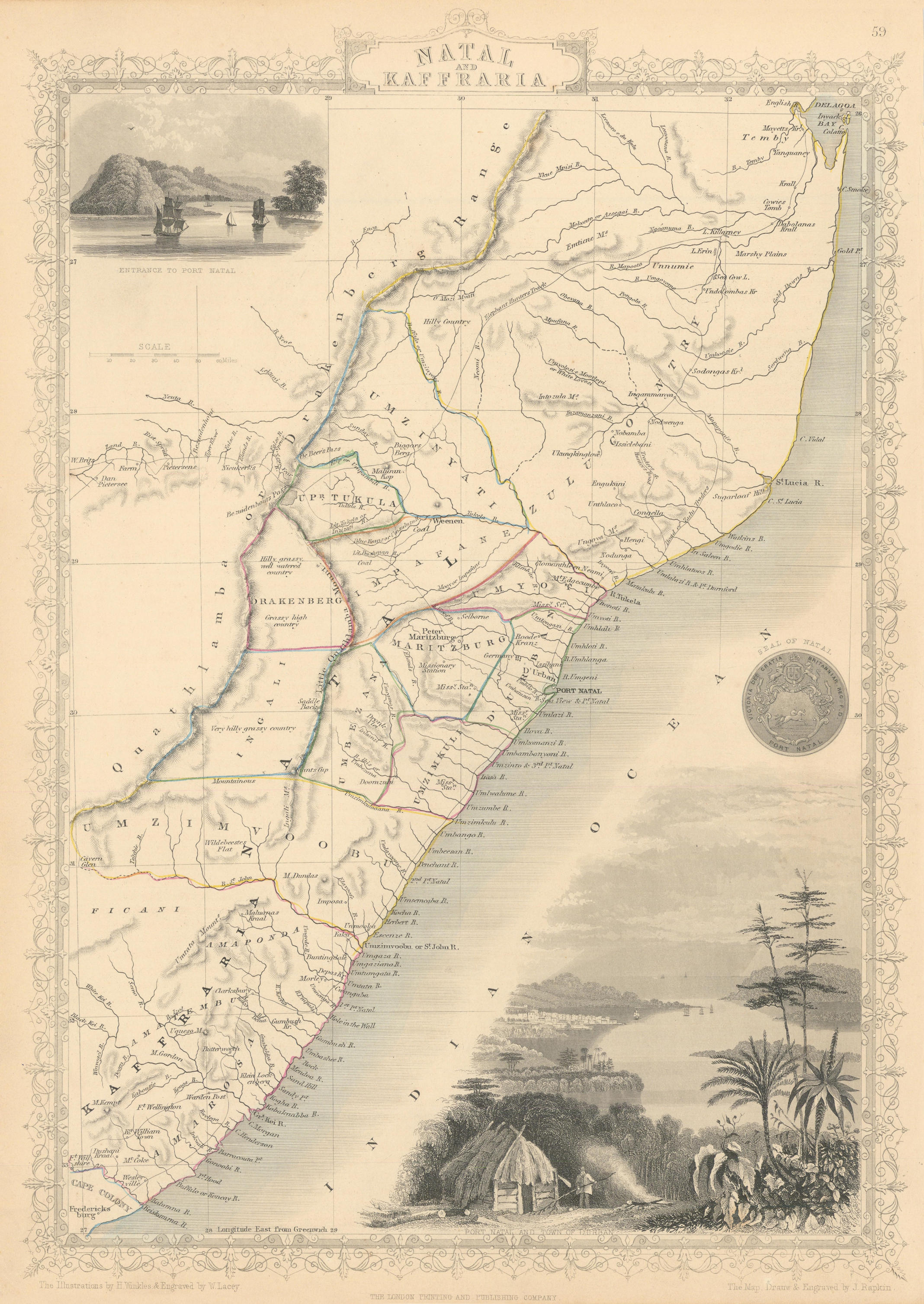 NATAL & KAFFRARIA. South Africa. Eastern Cape & Durban. TALLIS & RAPKIN 1851 map