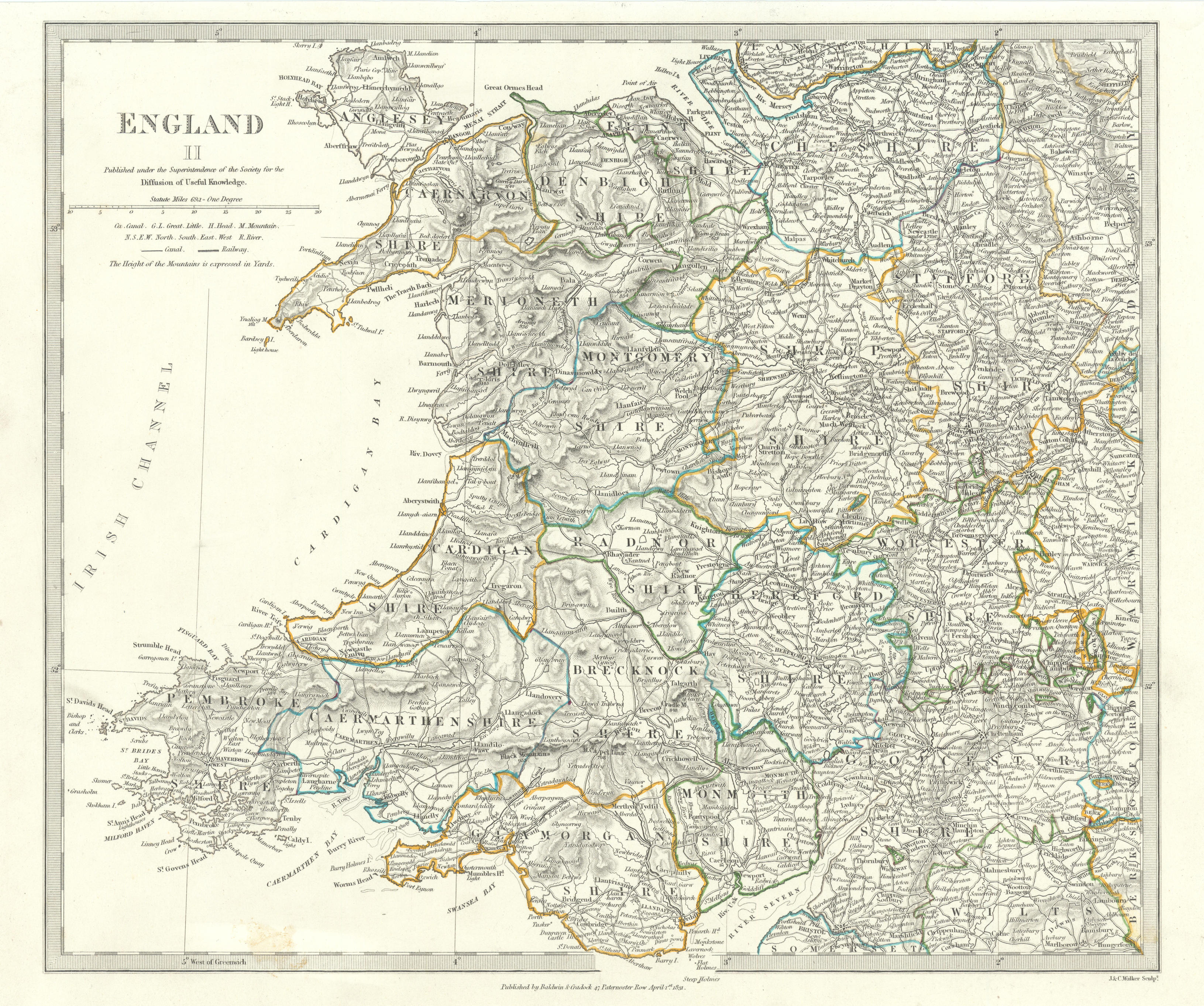 Associate Product WALES & ENGLAND WEST MIDLANDS. Showing counties. Original colour.SDUK 1844 map