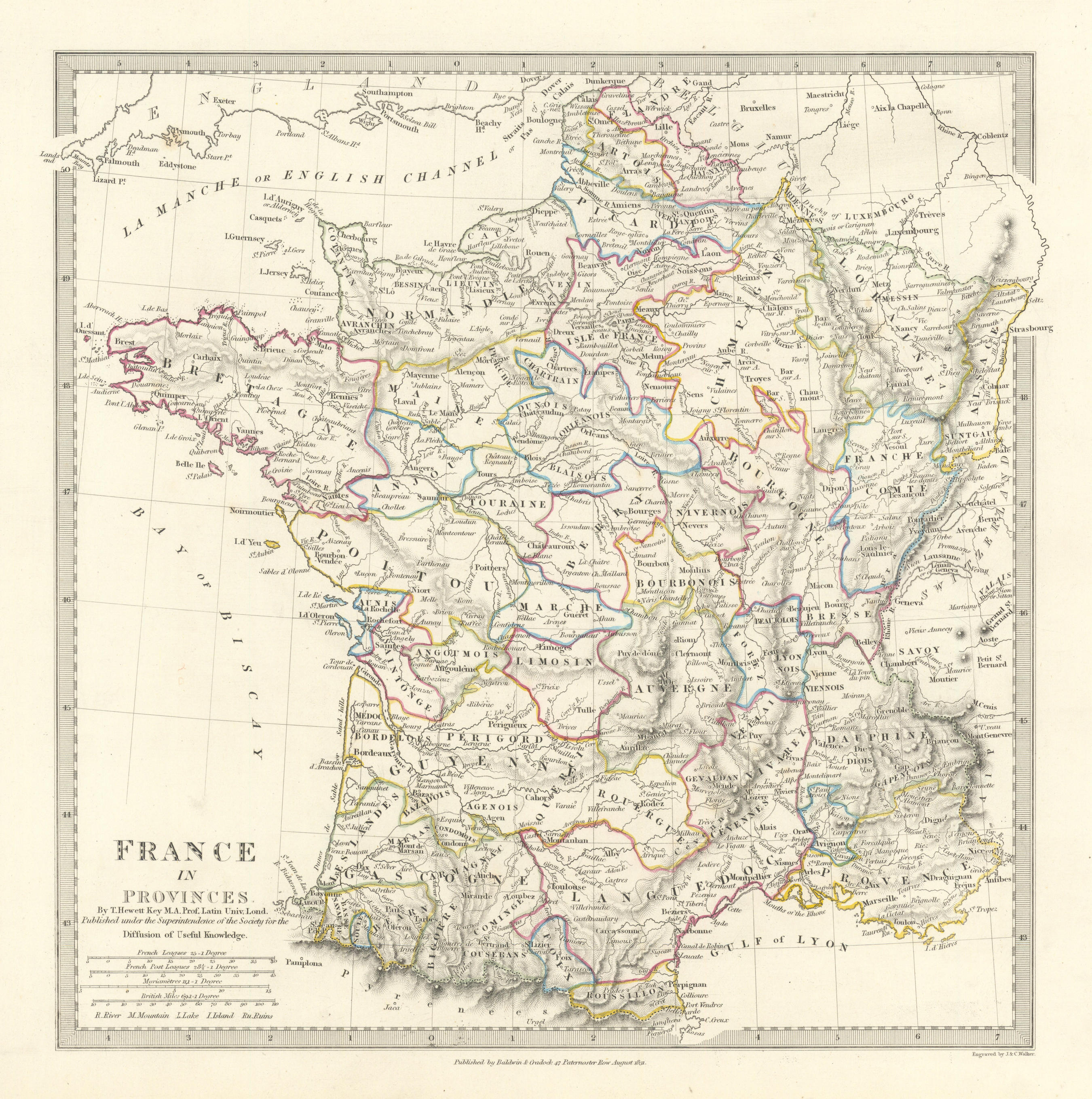 FRANCE IN PROVINCES. Shows provinces <1790. Original hand colour.SDUK 1844 map