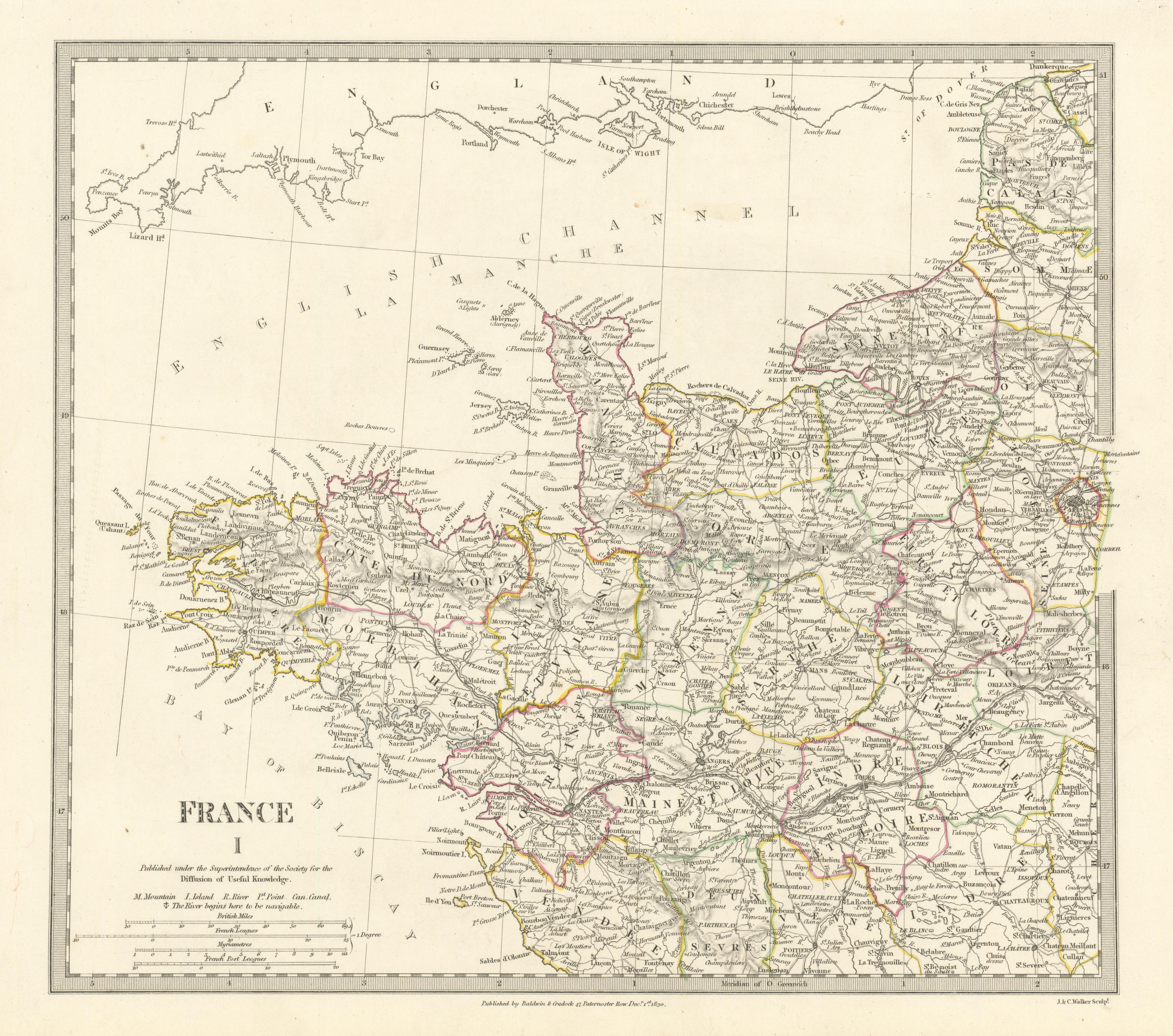 FRANCE NORTH WEST. Bretagne Normandie Loire Centre.Hand coloured.SDUK 1844 map