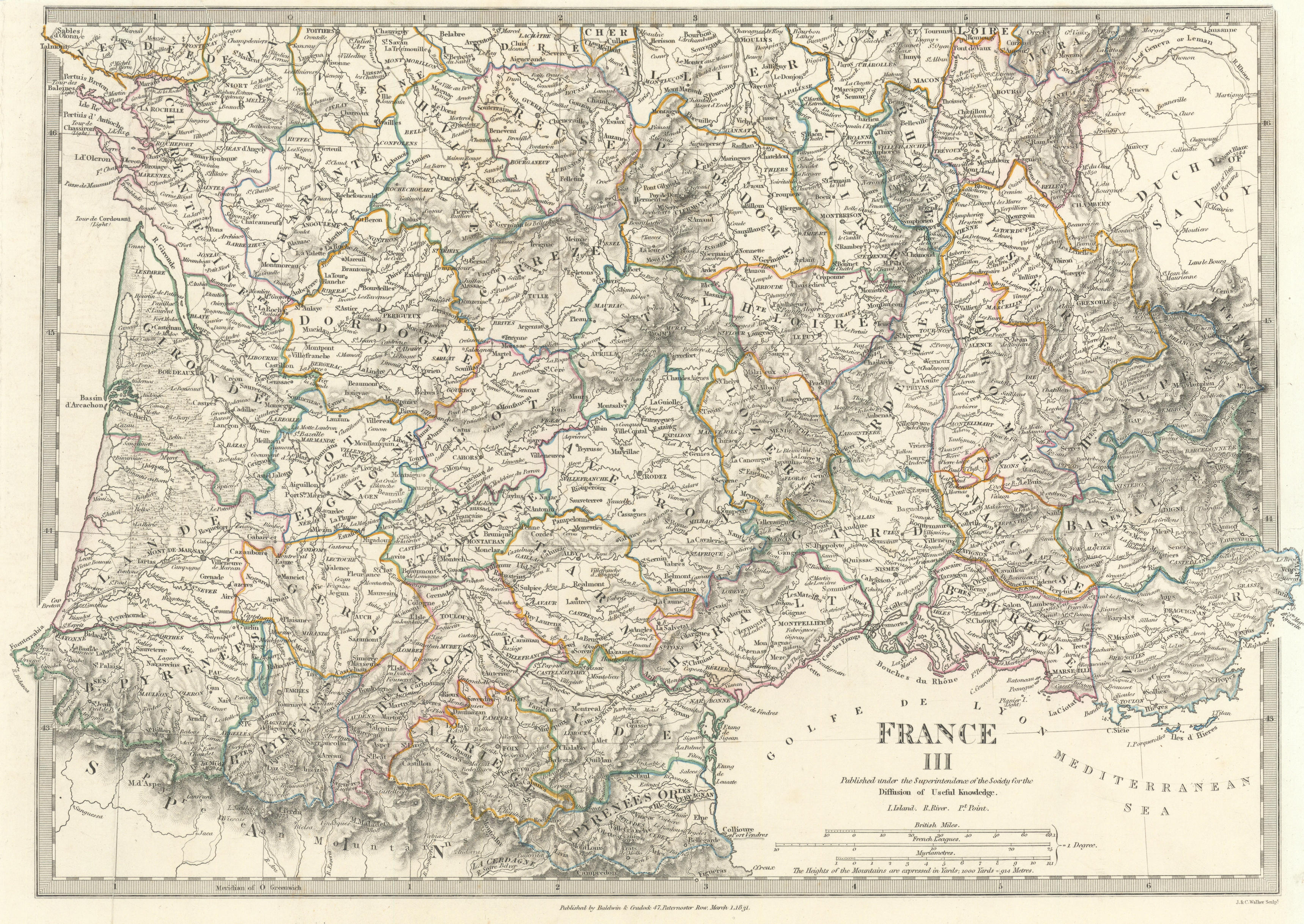 FRANCE STH.Aquitaine Pyrénées Provence Languedoc Rhône Auvergne.SDUK 1844 map