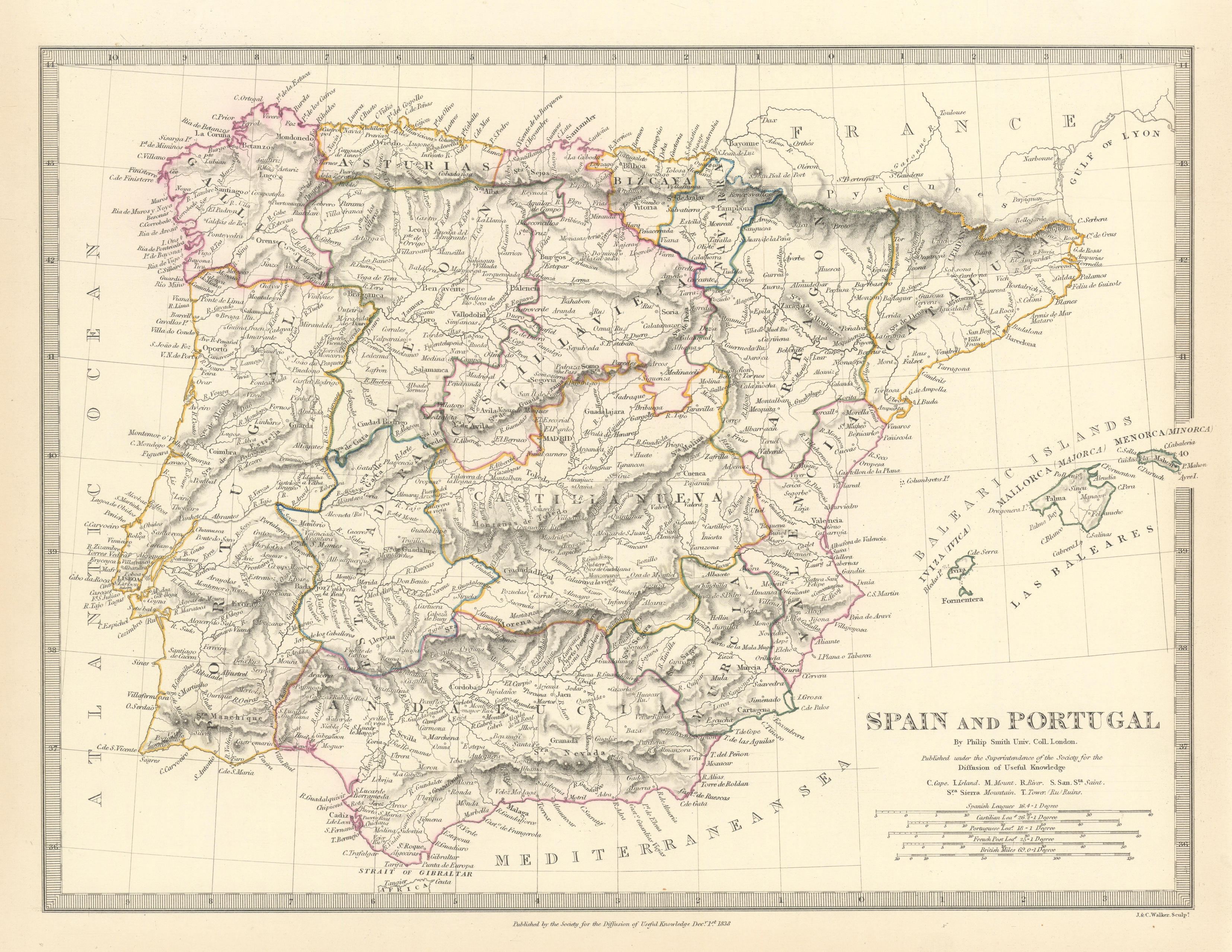 IBERIA. Spain and Portugal showing provinces. SDUK 1844 old antique map chart