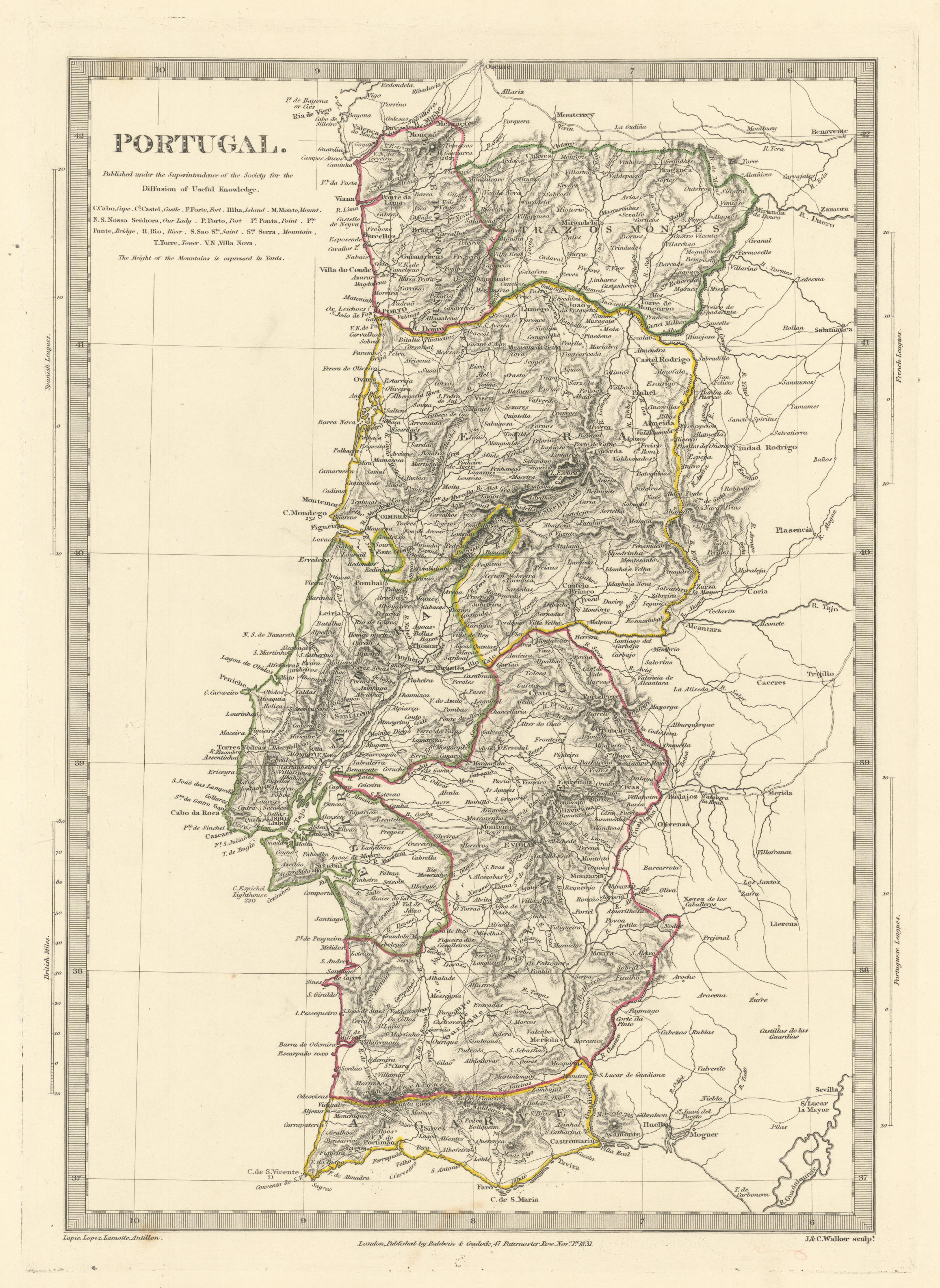 PORTUGAL. Provinces.Algarve Alentejo Estremadura Beira etc. SDUK 1844 old map