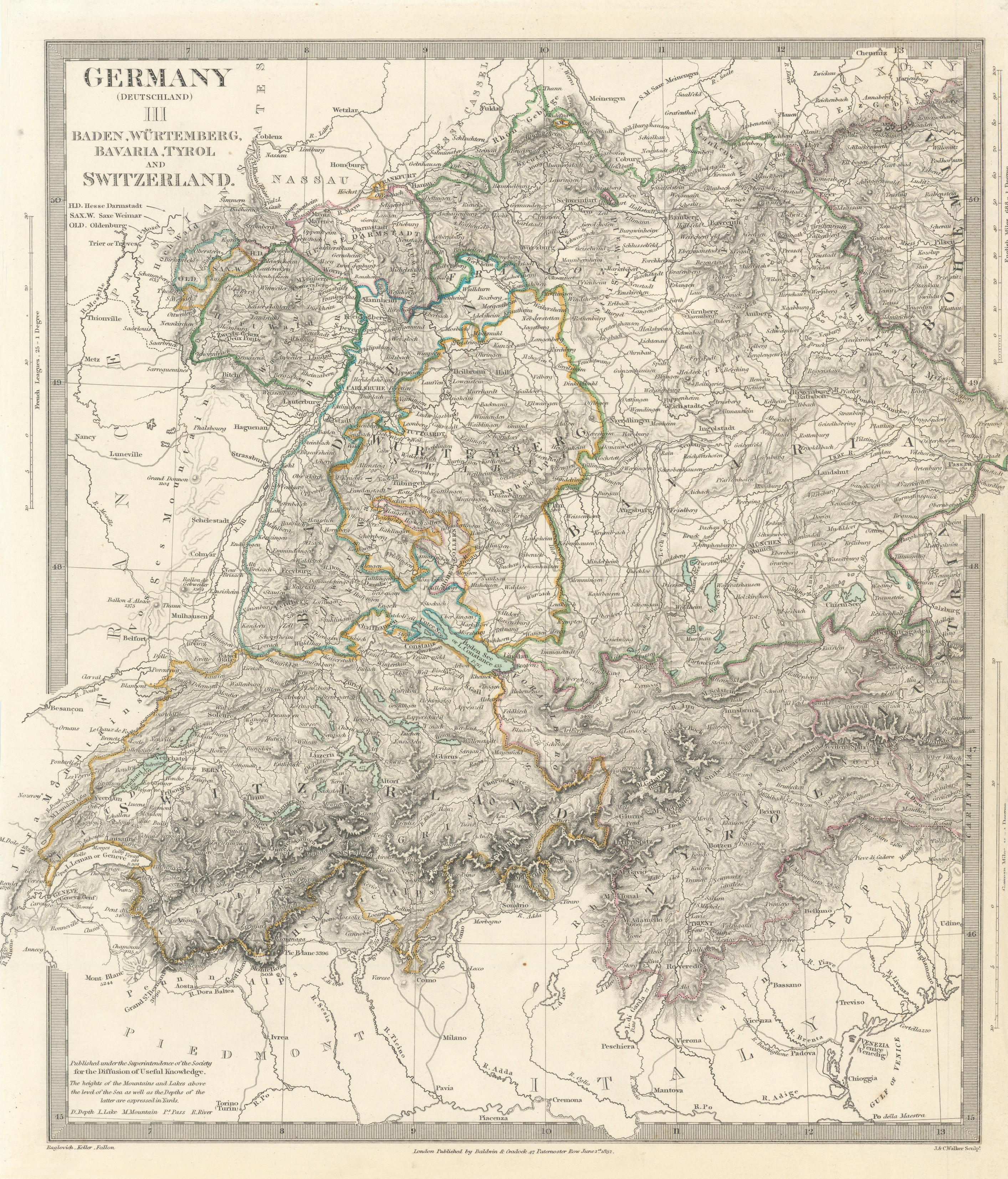Associate Product GERMANY SWITZERLAND AUSTRIA. Baden, Württemberg, Bavaria, Tyrol. SDUK 1844 map