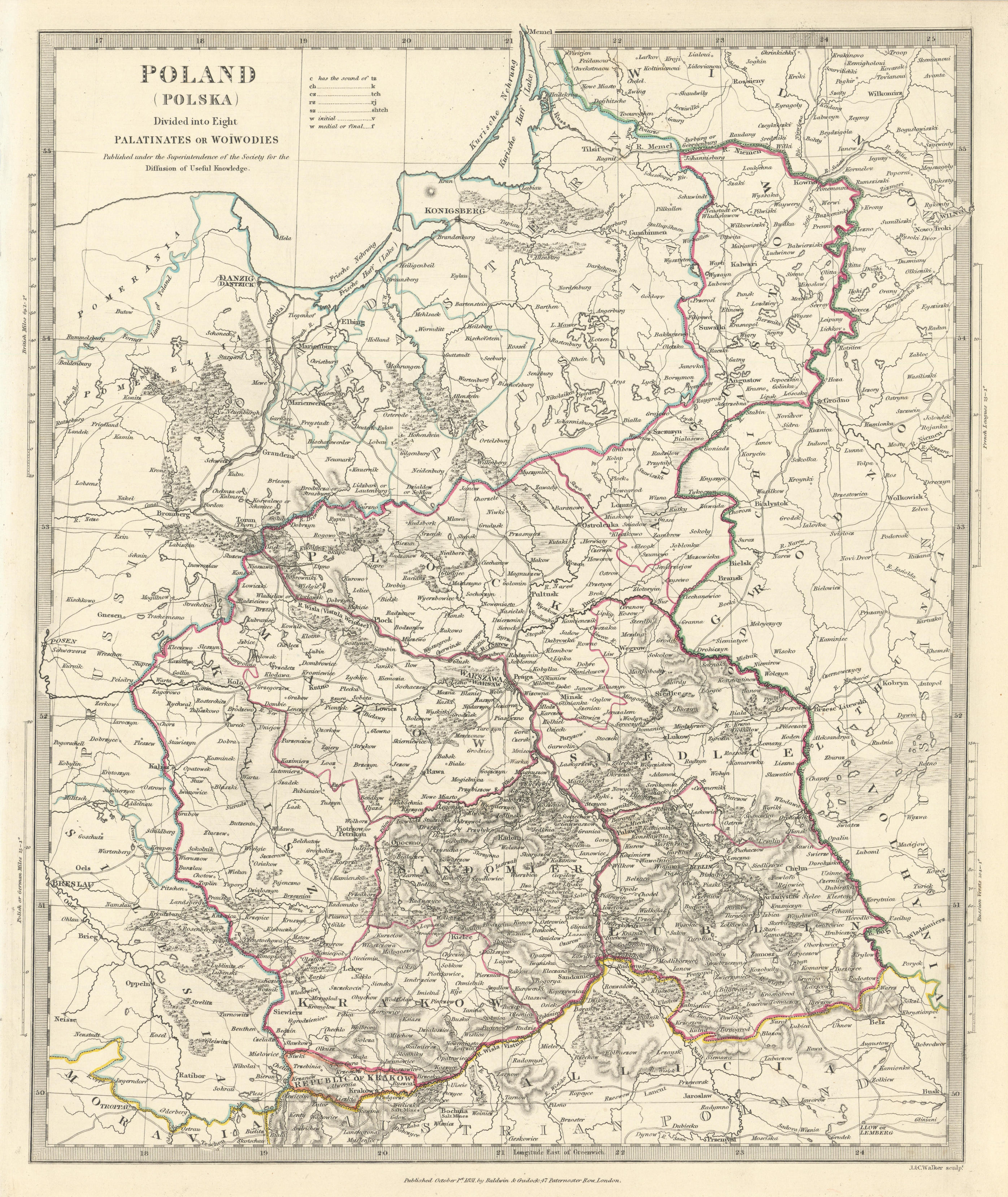 POLAND POLSKA.Palatinates Woiwodies.Mazow Krakow Plock Kalisz &c.SDUK 1844 map
