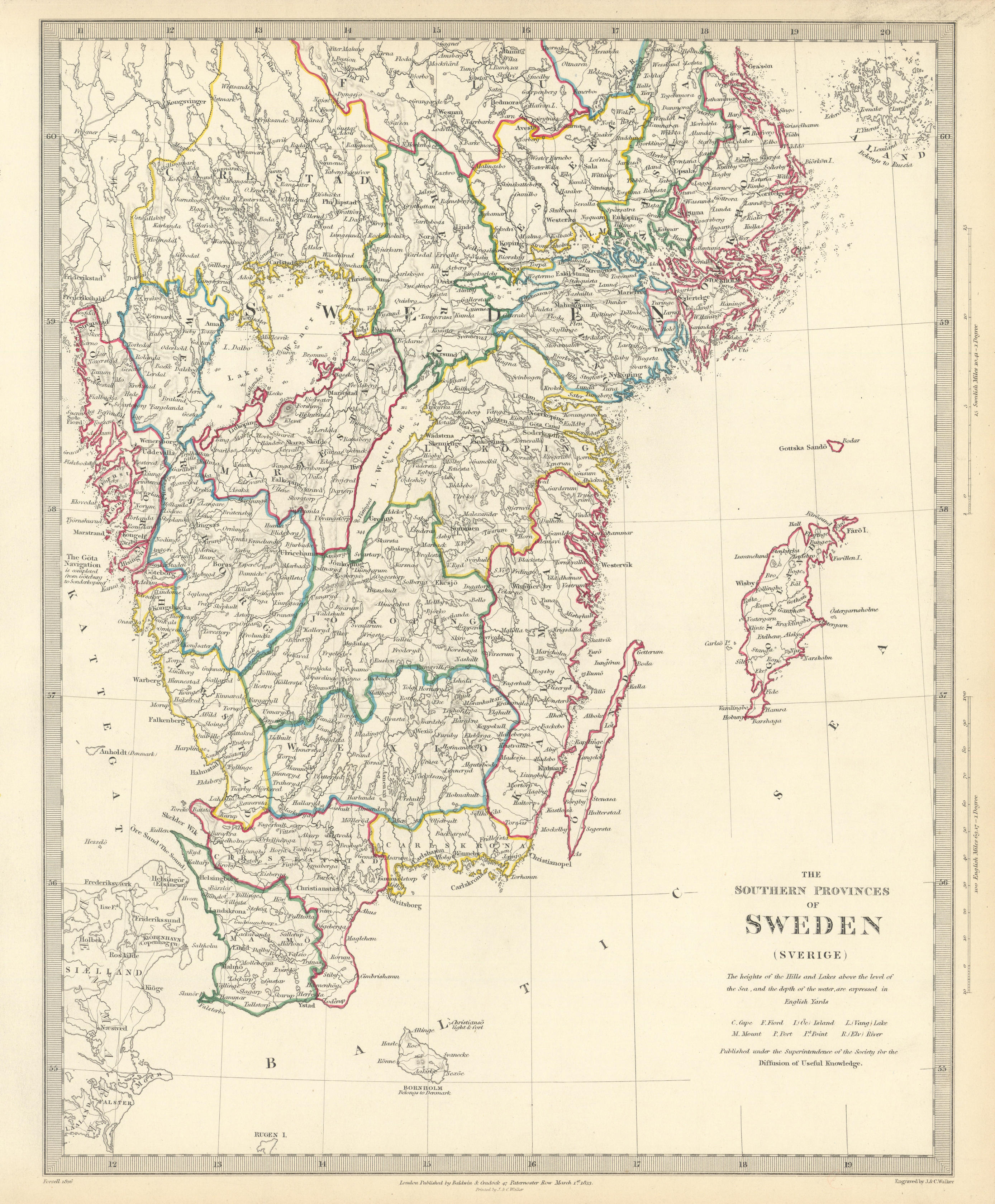 SWEDEN. the Southern Provinces of Sweden (Sverige) . SDUK 1844 old antique map