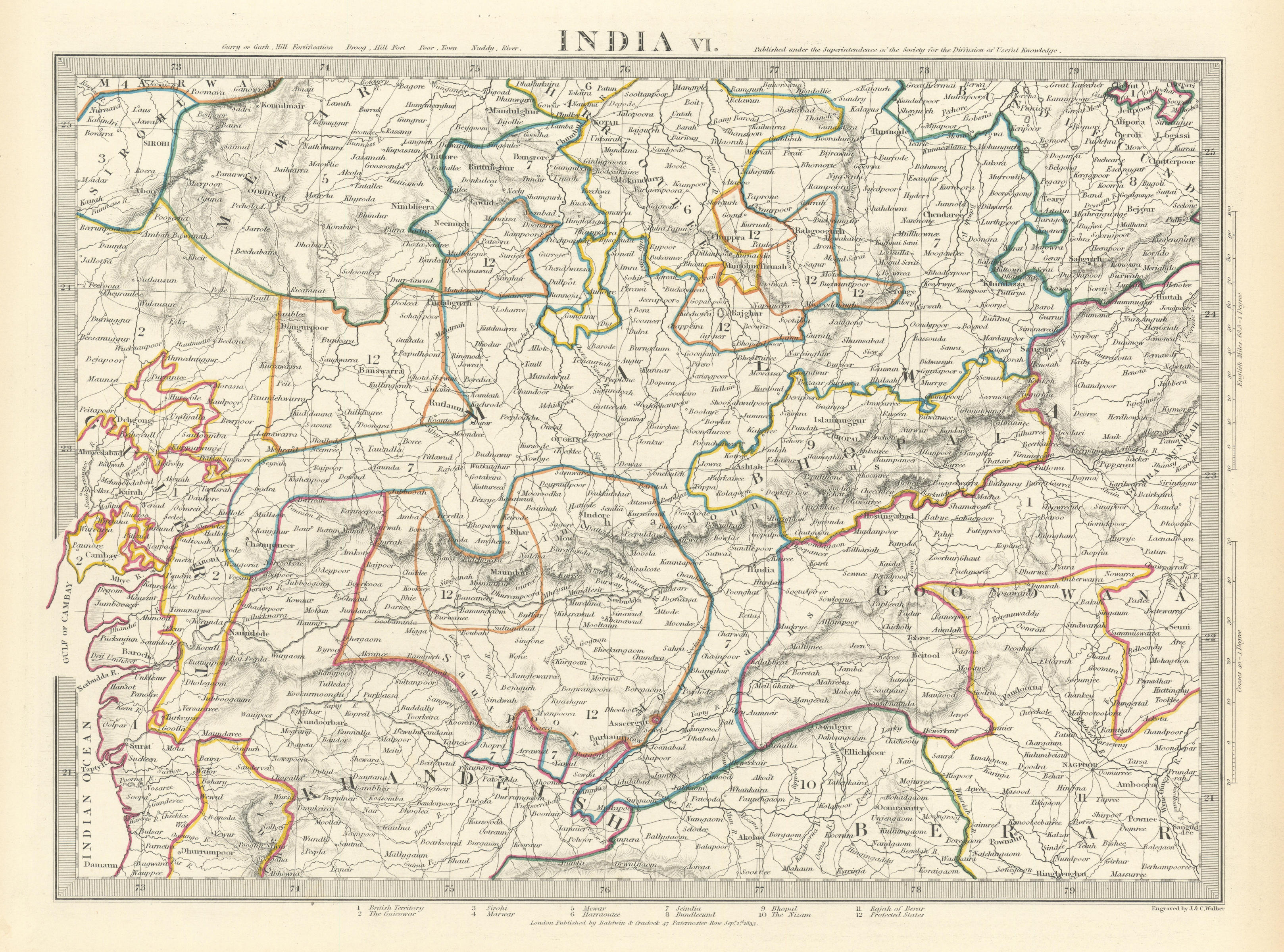 Associate Product INDIA.Bundelkhand to Khandeish Berar.Gujerat. Goondwana Bhopal.SDUK 1844 map