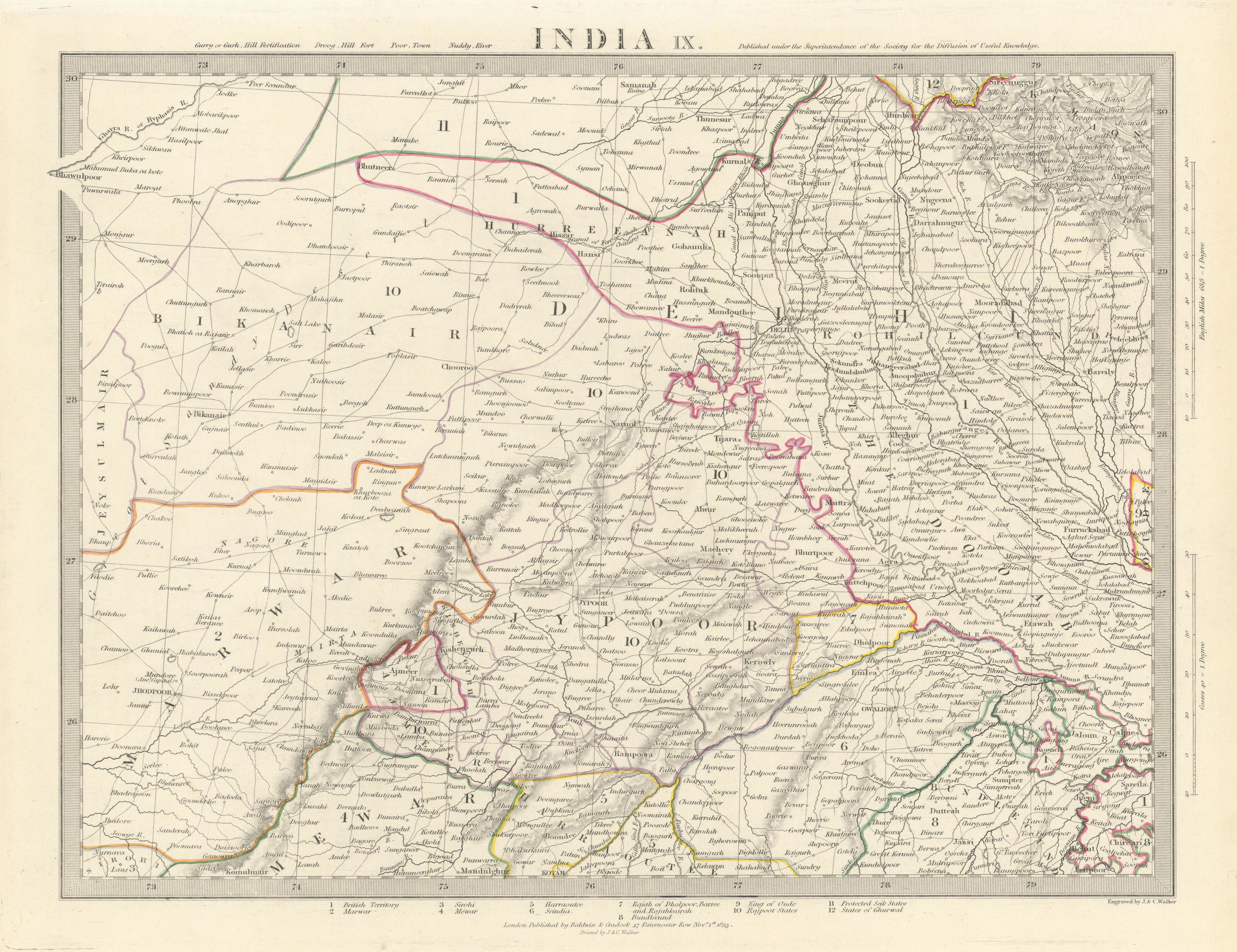Associate Product RAJASTHAN. India. Delhi Jaipur Marwar Bikaner Mewar Bundelkhand. SDUK 1844 map