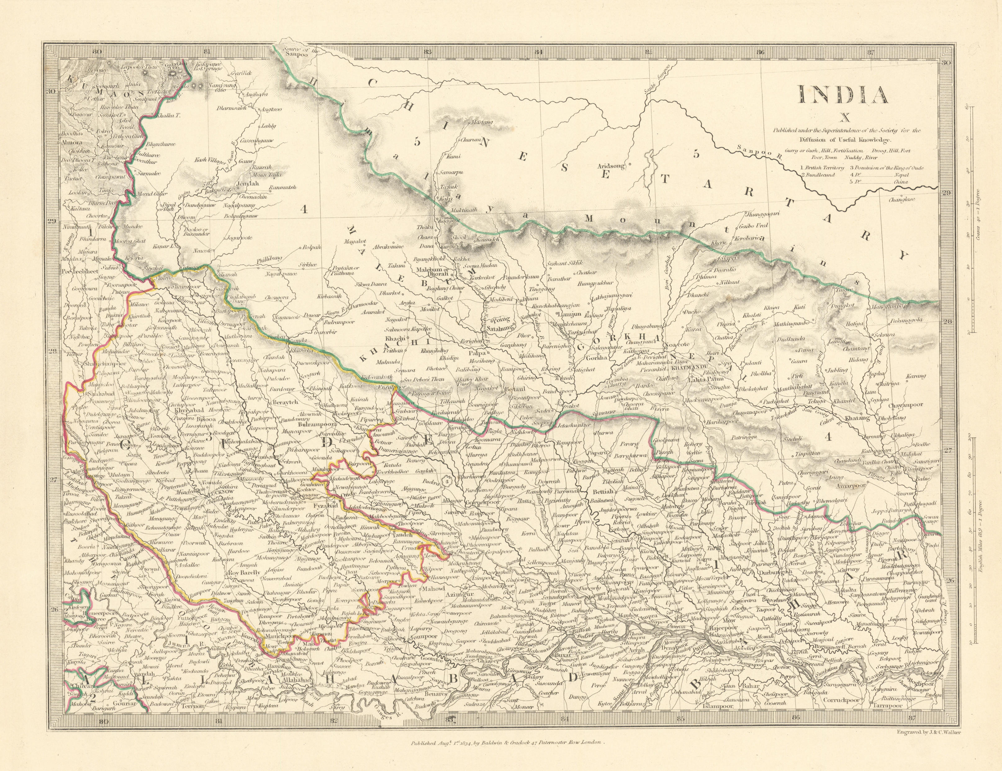 Associate Product NEPAL AND NORTHERN INDIA. Oude (Awadh) to Allahabad. Gorkha. SDUK 1844 old map