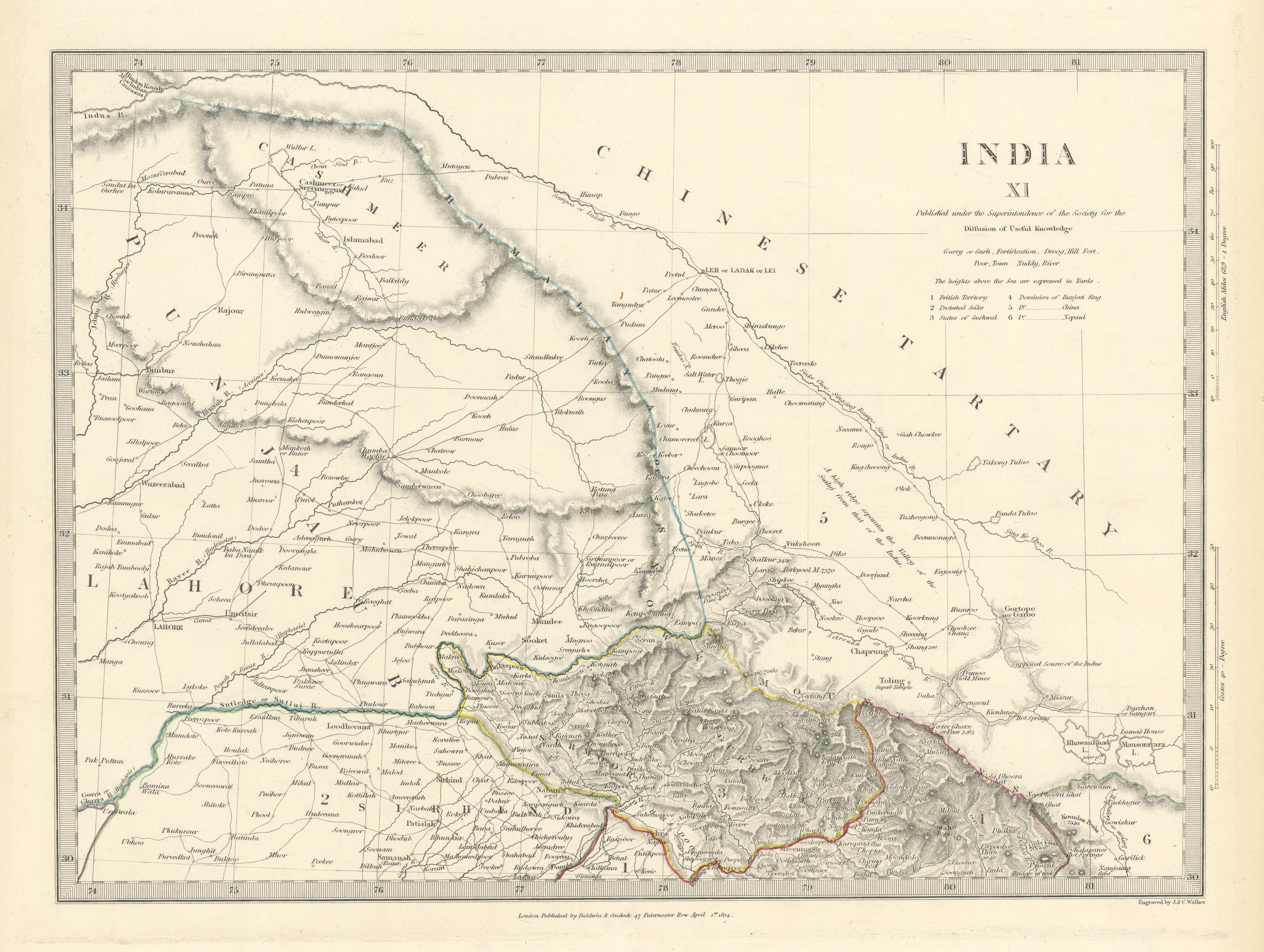 INDIA PAKISTAN. Punjab Garhwal Lahore Sirhind Kashmir China. SDUK 1844 old map