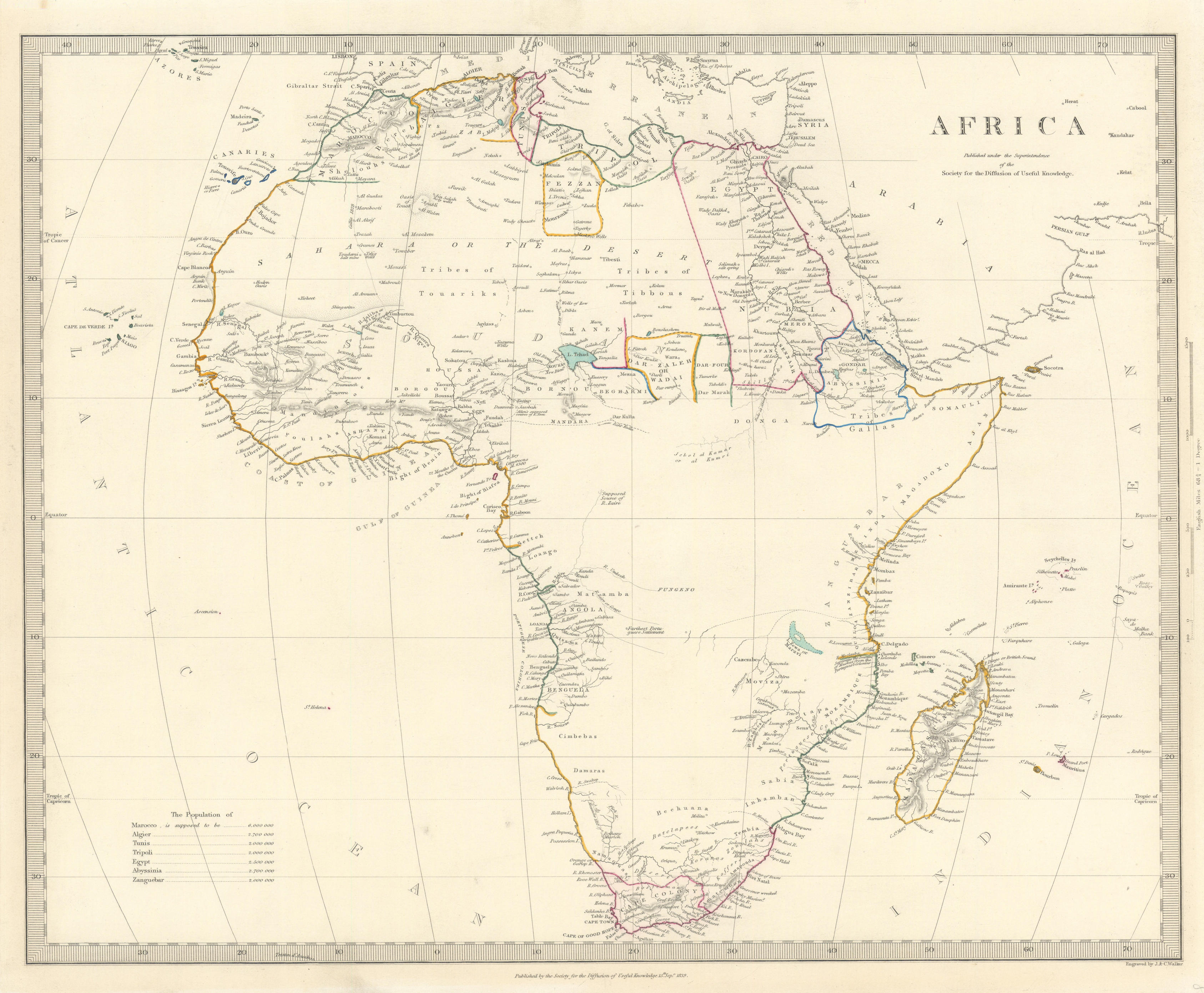Associate Product AFRICA map pre-dating much exploration. Mountains of Kong.Population.SDUK 1844