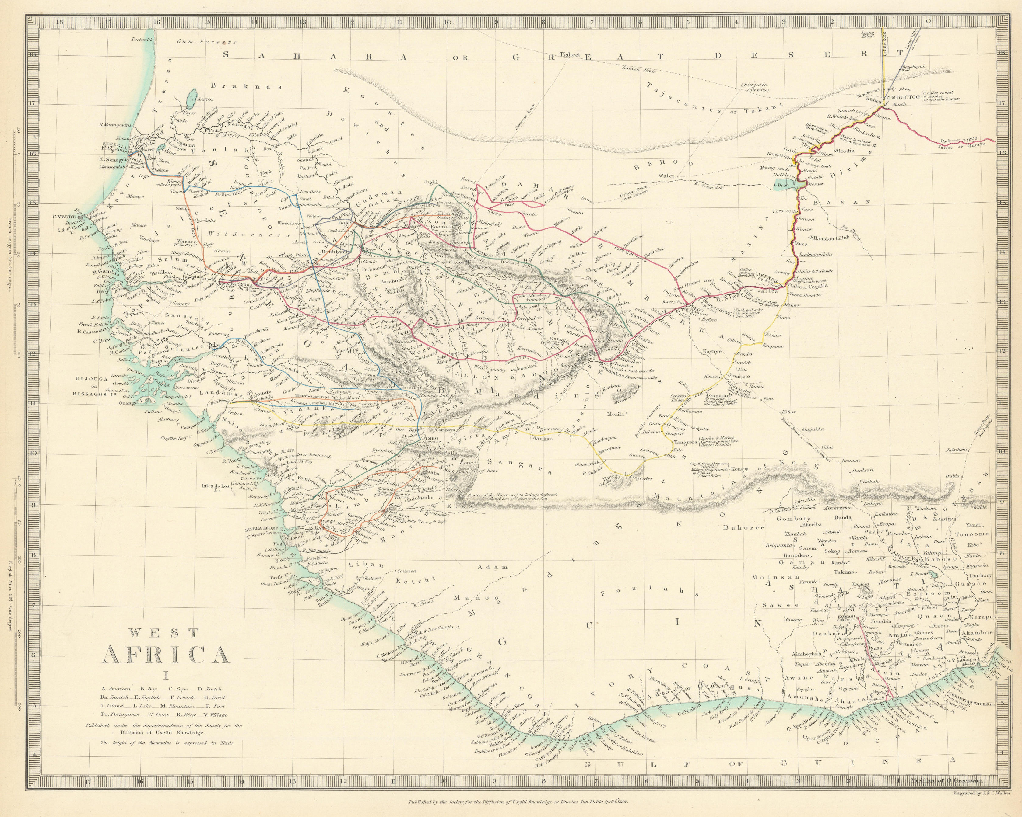 Associate Product WEST AFRICA showing early explorers' routes & Mountains of Kong. SDUK 1844 map