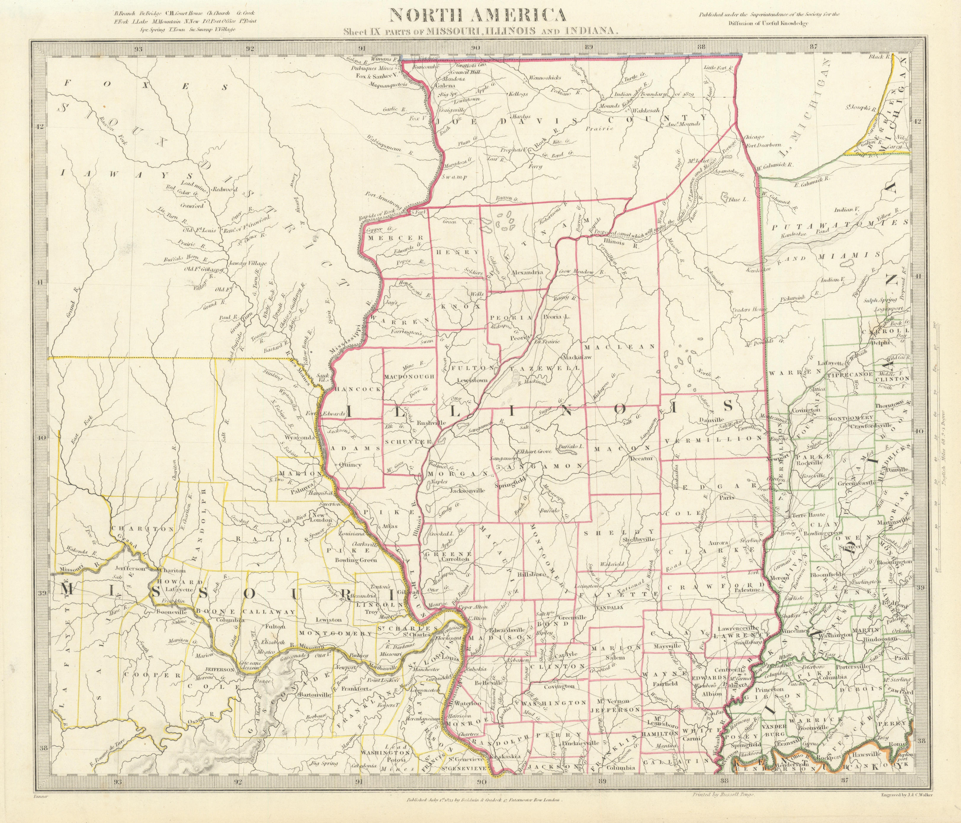 Associate Product USA. Missouri Illinois Indiana. Indian tribes villages borders. SDUK 1844 map