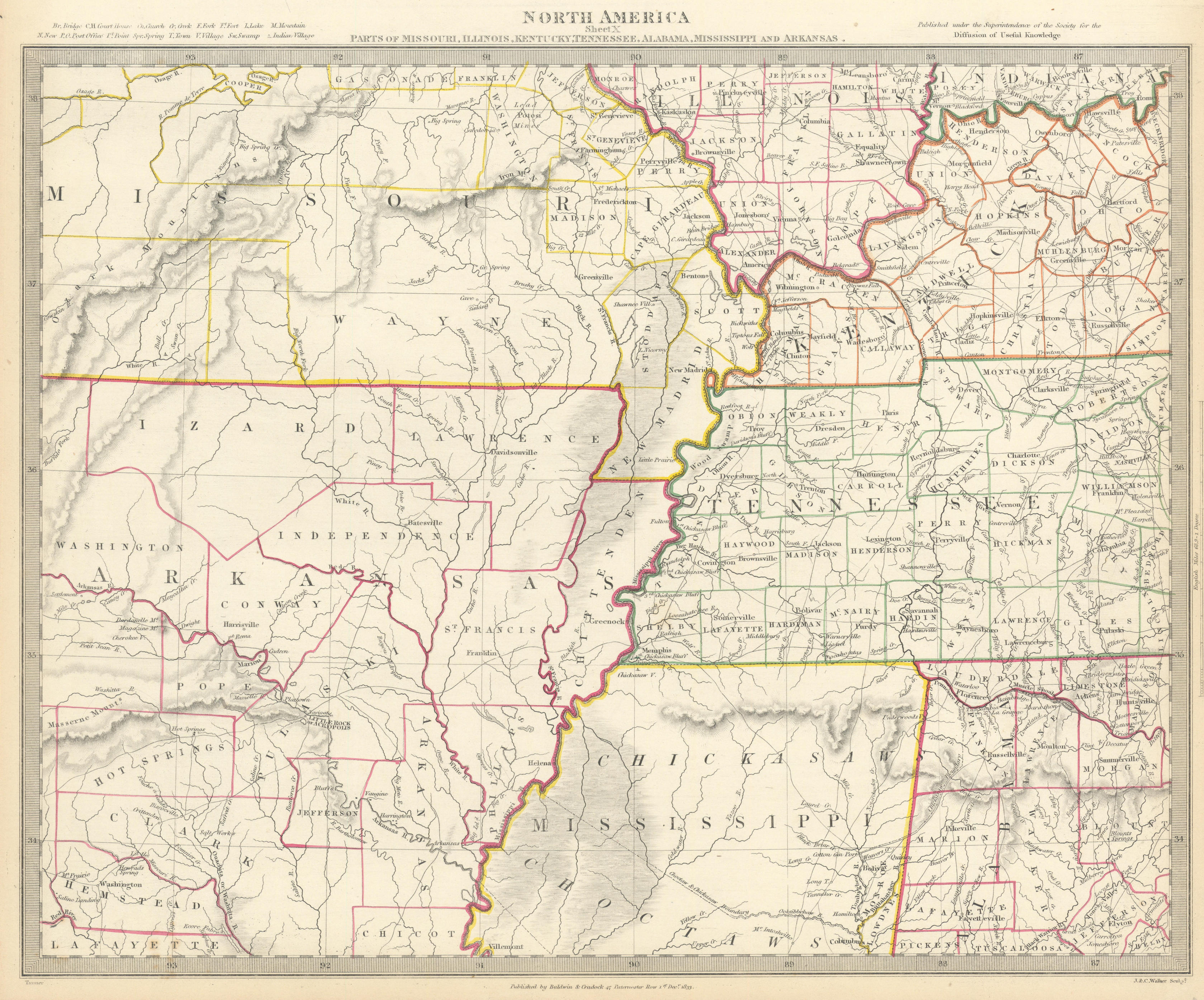 Associate Product USA. AR MO TN MS IL IN KY AL. Choctaw Chickasaw boundaries. SDUK 1844 old map