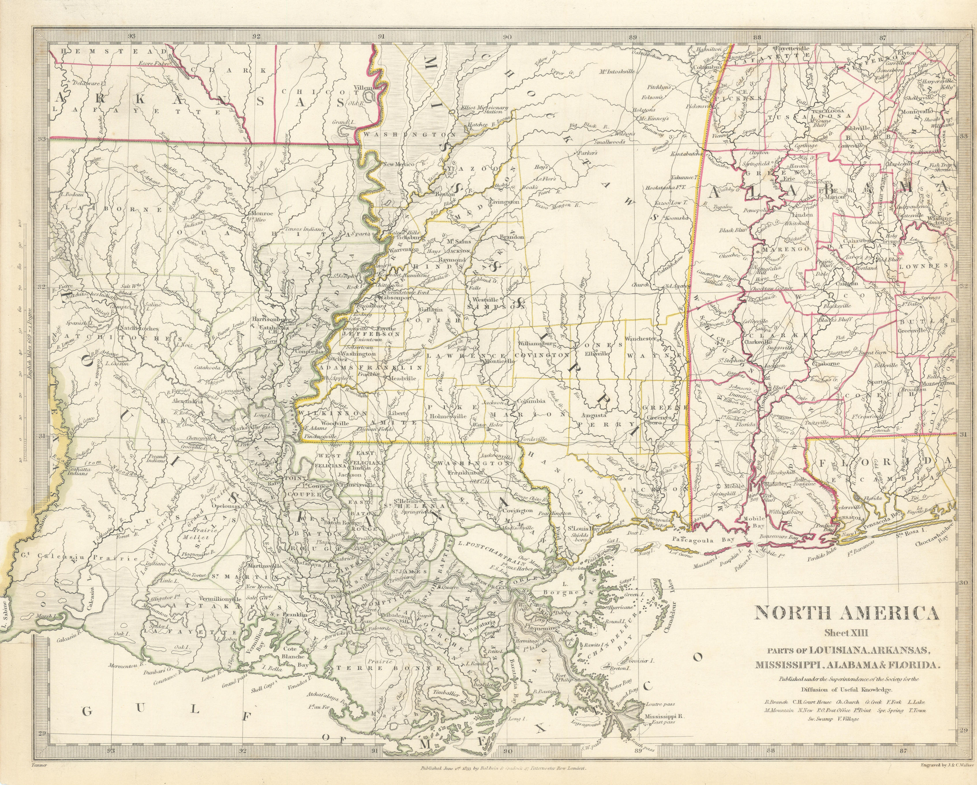 Associate Product US GULF COAST.Louisiana Mississippi Alabama FL. Indian villages. SDUK 1844 map