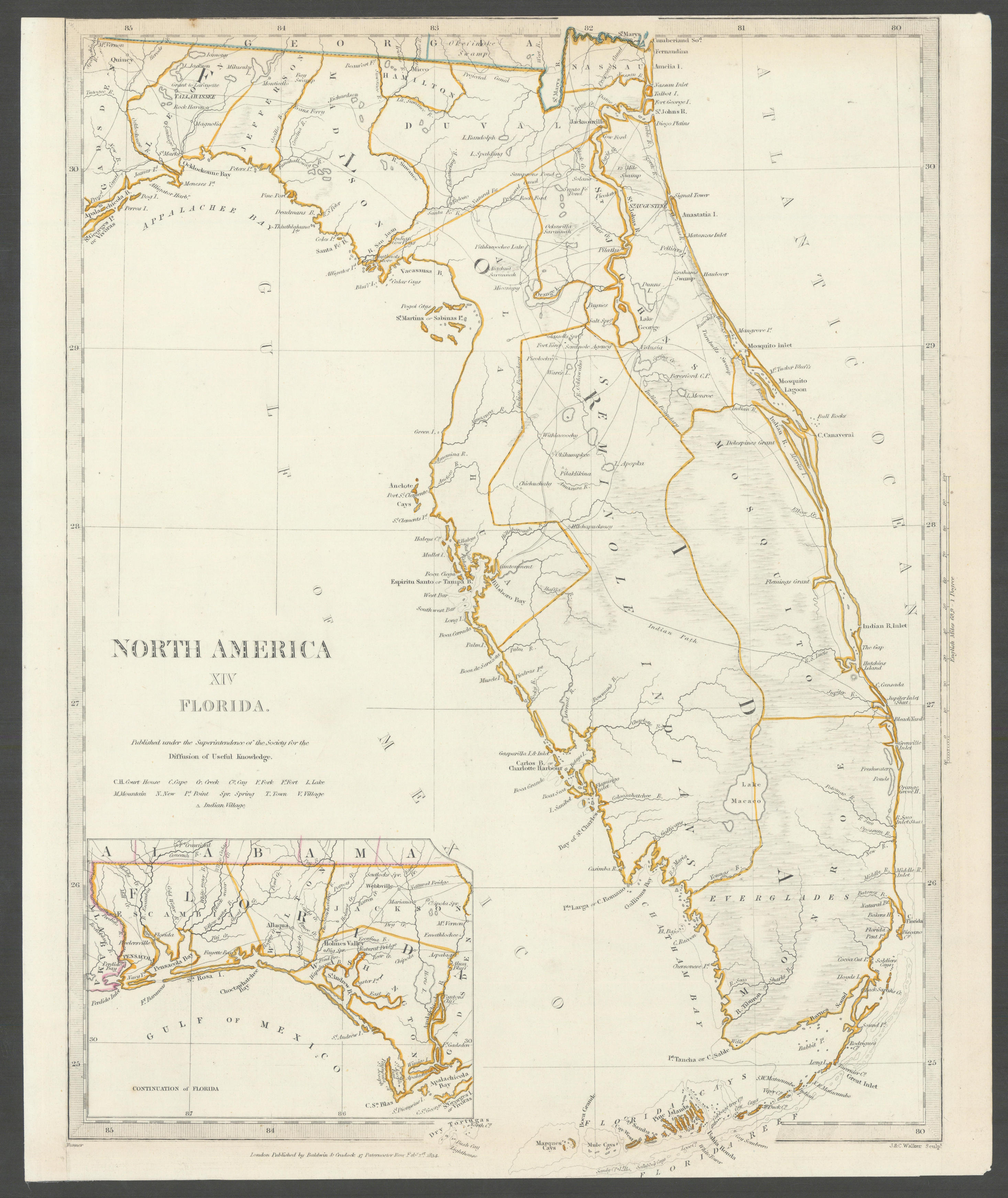 Associate Product FLORIDA. Showing Seminole Indian reservation & villages.SDUK 1844 old map