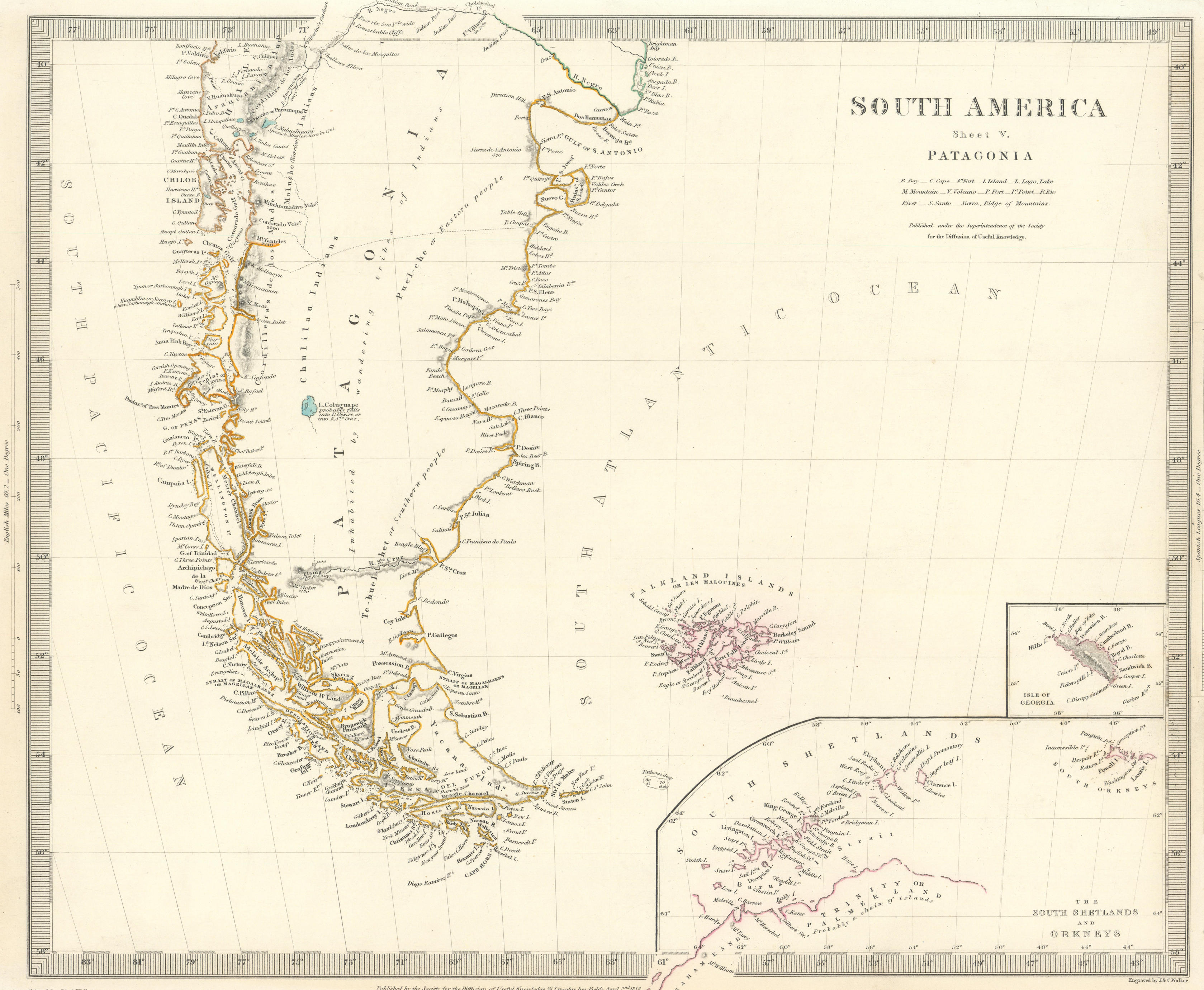 Associate Product PATAGONIA. Argentina Chile Tierra del Fuego Falklands S Georgia.SDUK 1844 map