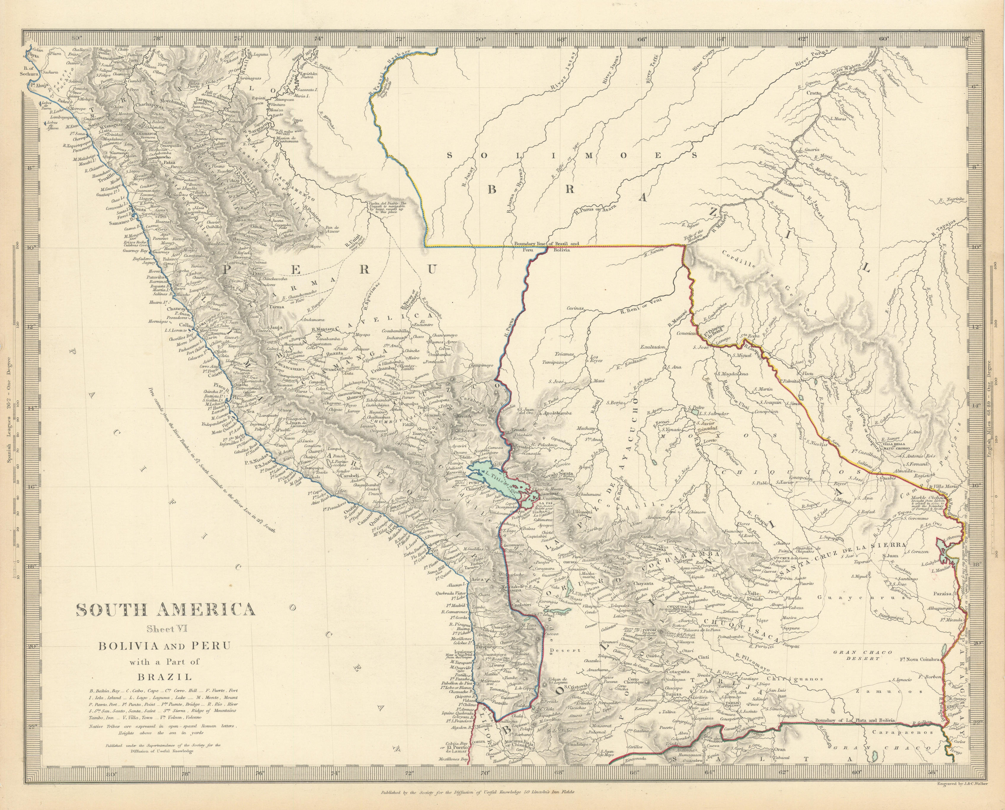 BOLIVIA, PERU & part of Brazil. Indian tribes. Bolivian Litoral. SDUK 1844 map