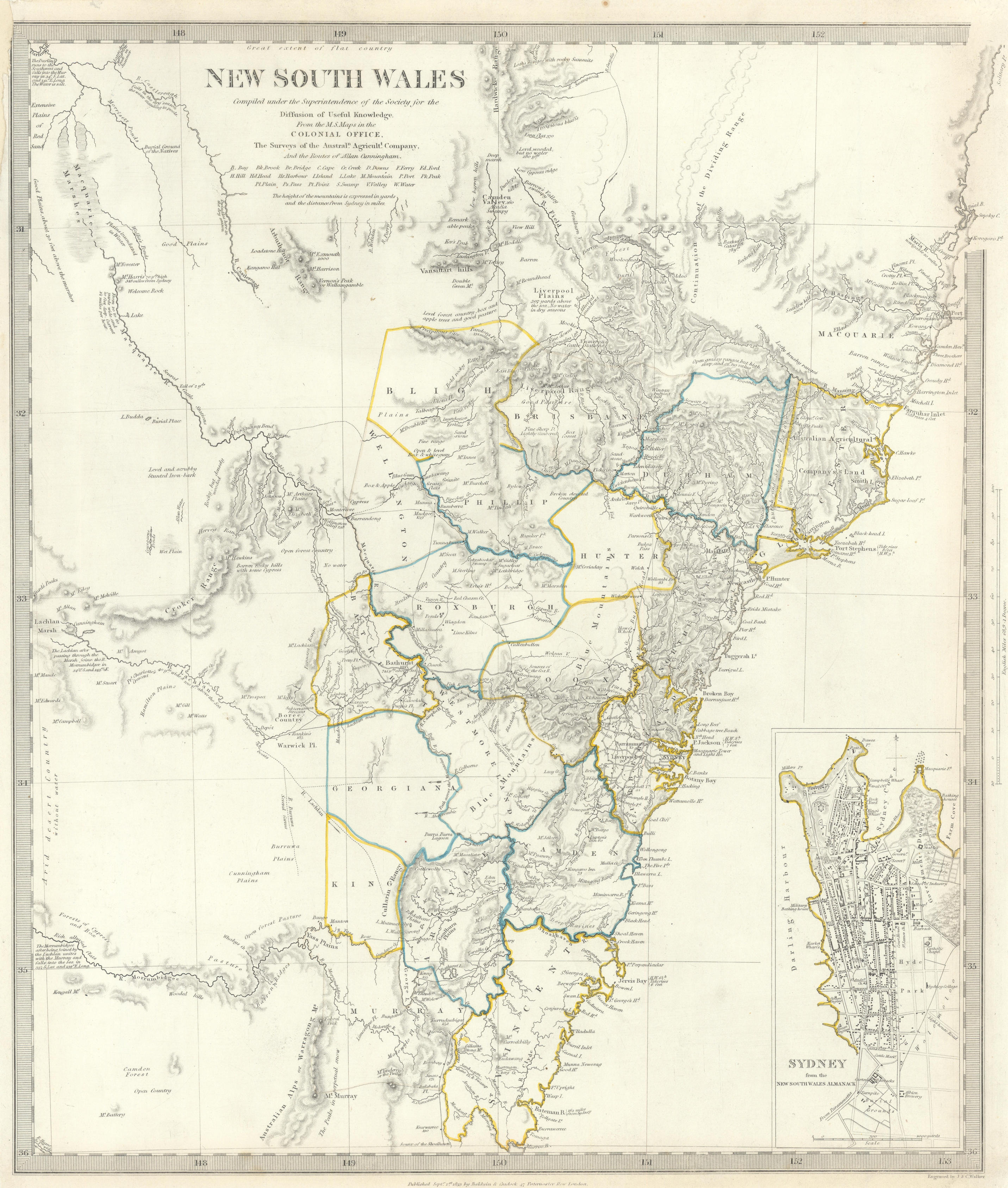 Associate Product NEW SOUTH WALES. based on Cunningham routes. Inset Sydney plan. SDUK 1844 map