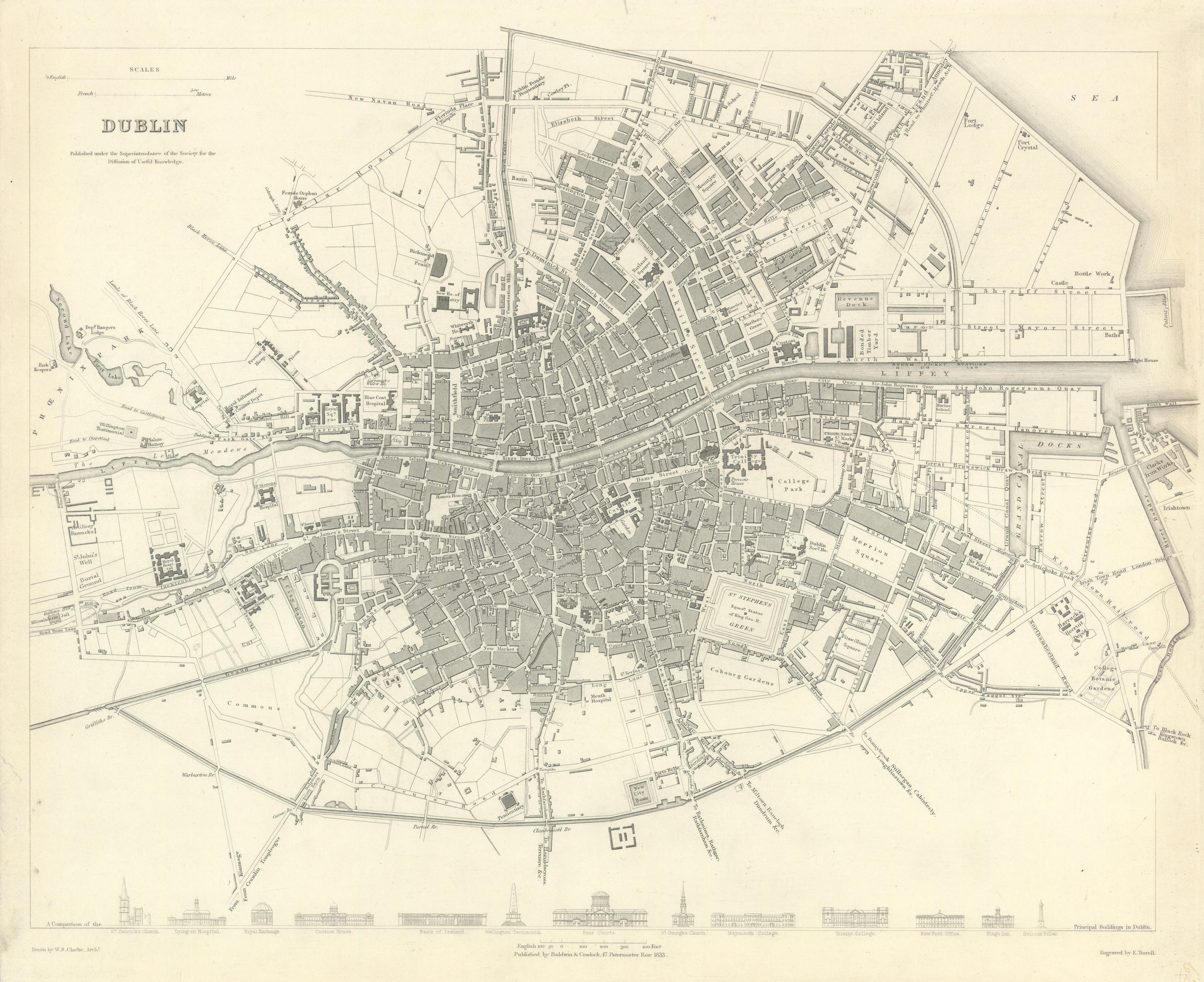 Associate Product DUBLIN. Antique town city map plan. Key buildings profiles. SDUK 1844 old