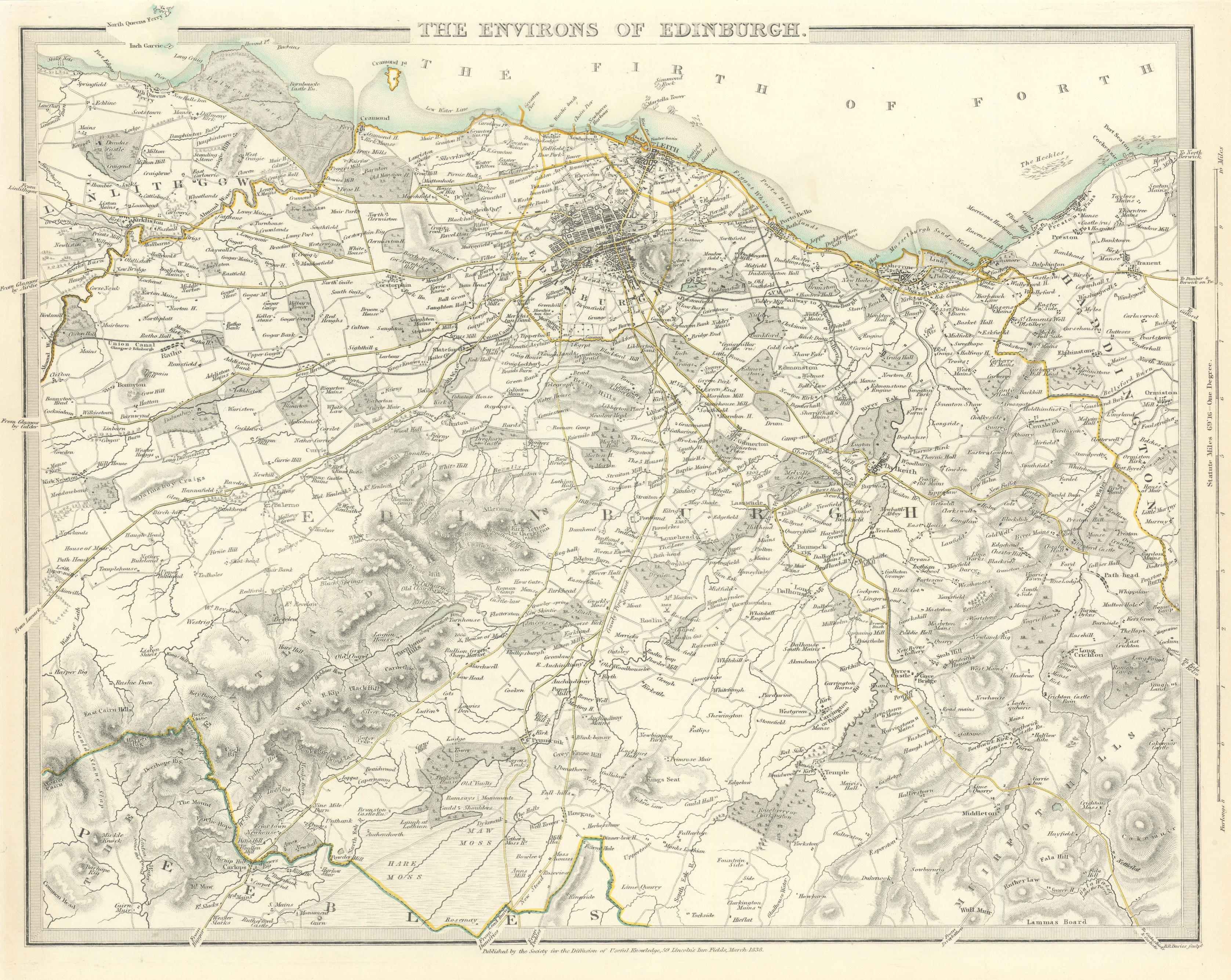 Associate Product EDINBURGH & ENVIRONS. Leith Linlithgow Peebles Haddington. SDUK 1844 old map