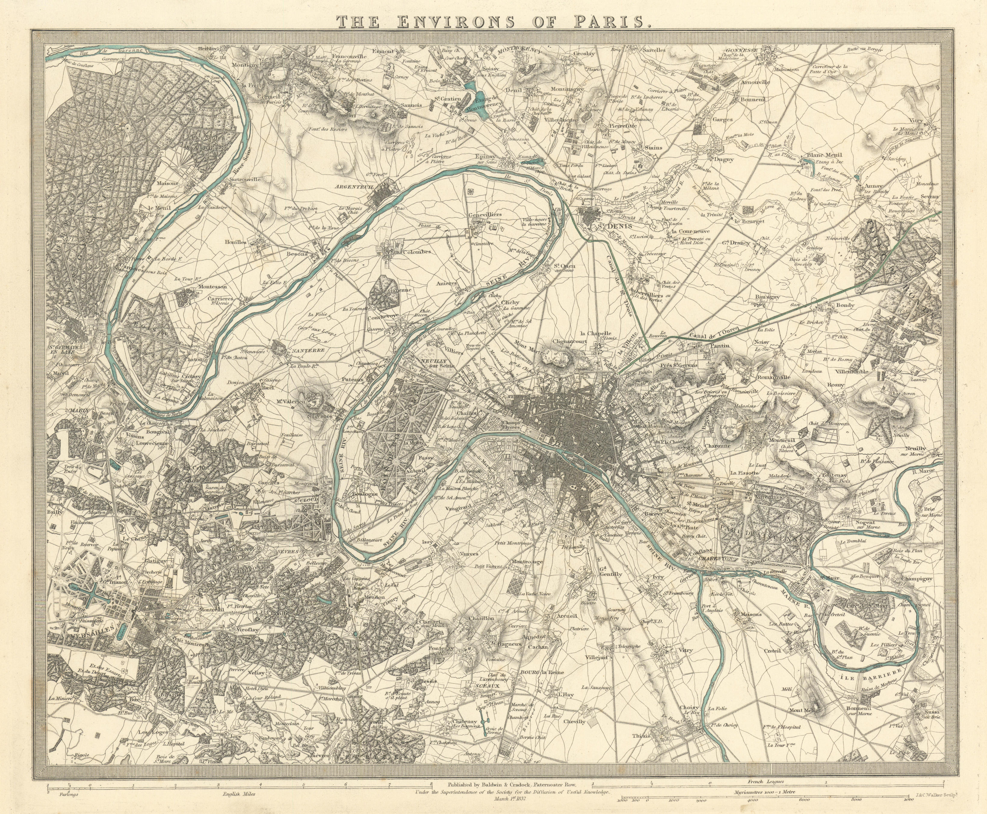 PARIS ENVIRONS. Paris. Versailles. Original hand colour. SDUK 1844 old map