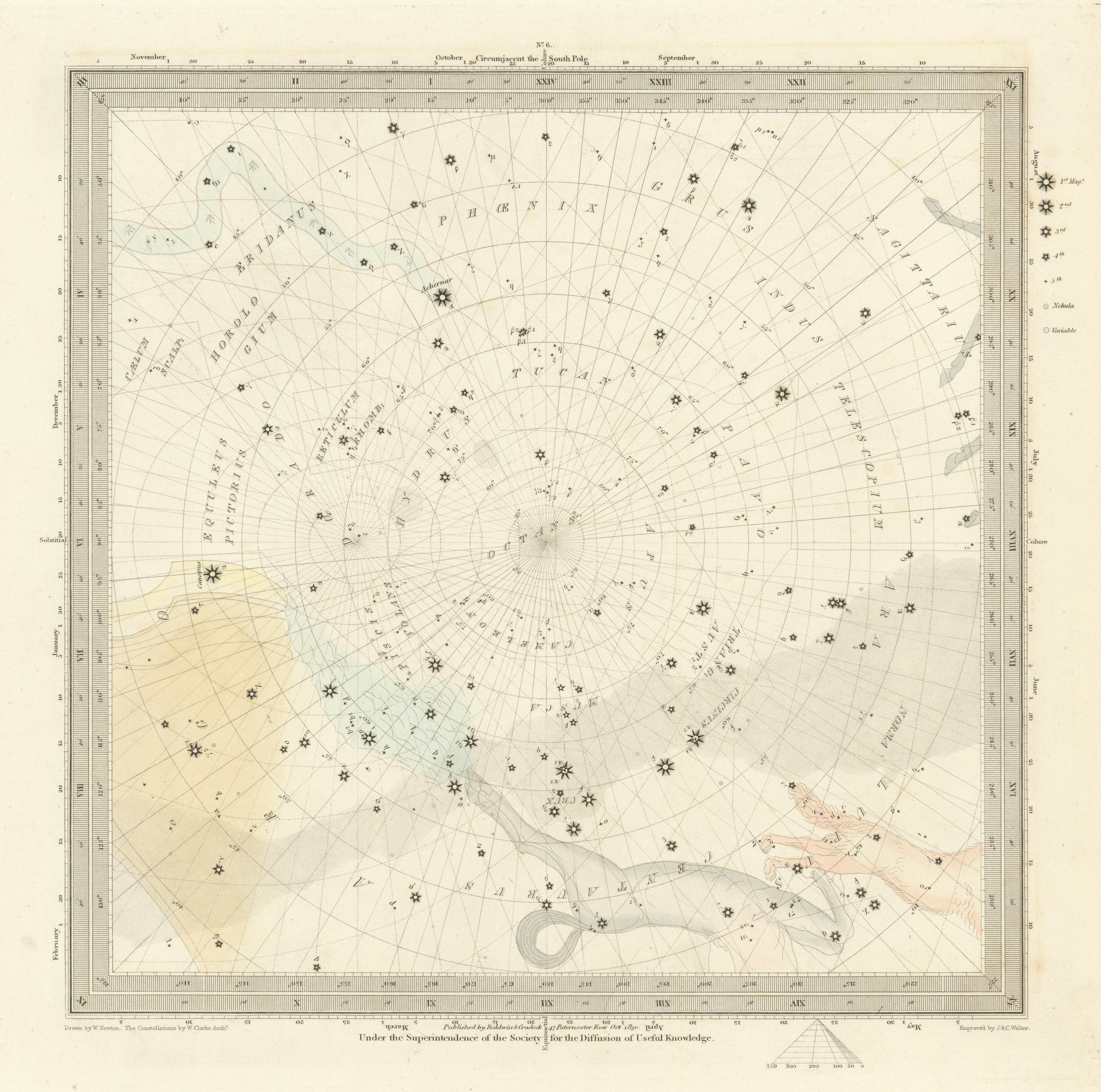 Associate Product ASTRONOMY CELESTIAL. Star map. Star chart, VI. South Pole. SDUK 1847 old