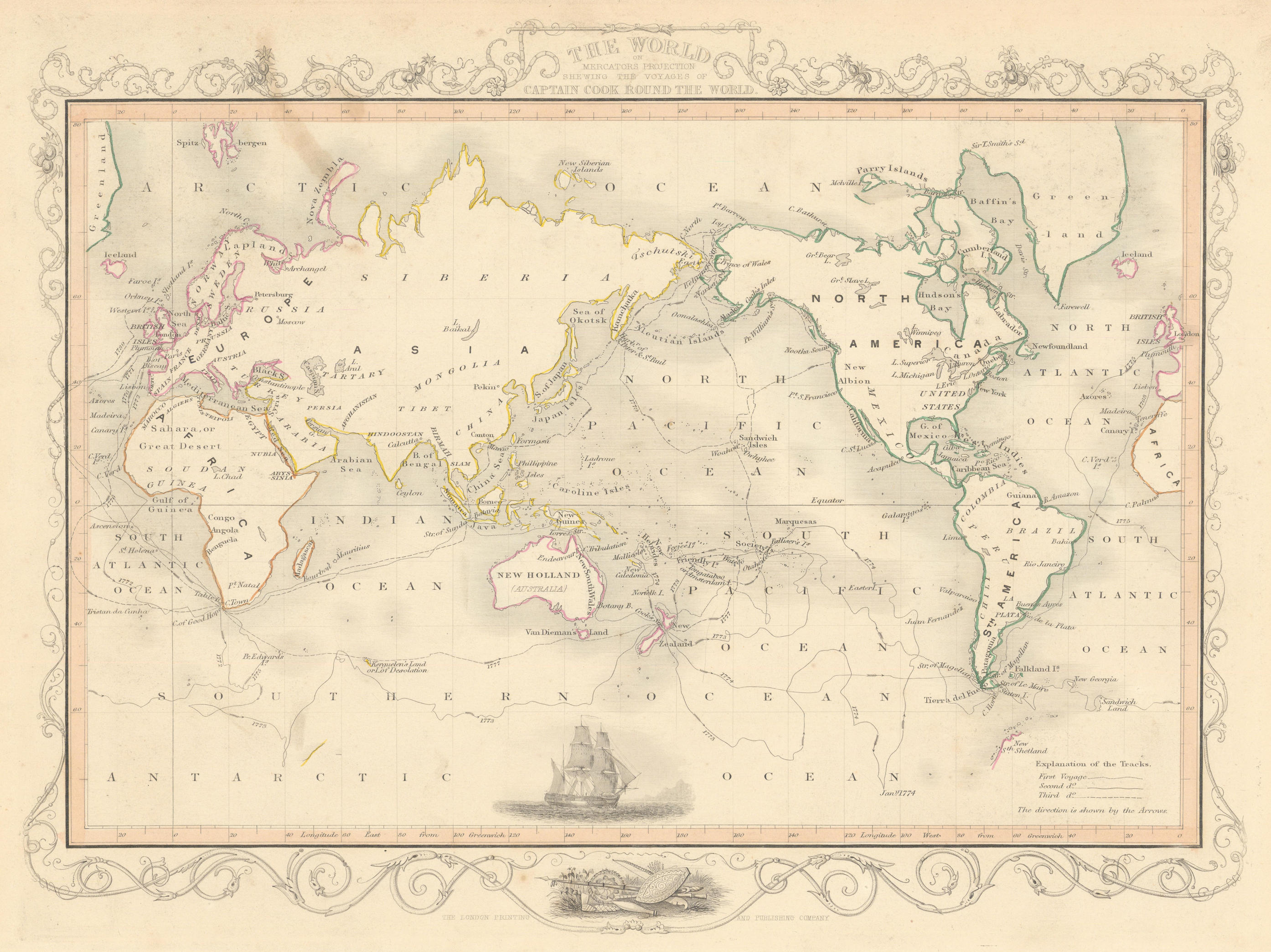 Associate Product THE WORLD. 'Shewing the voyages of Captain Cook'. TALLIS/RAPKIN 1851 old map