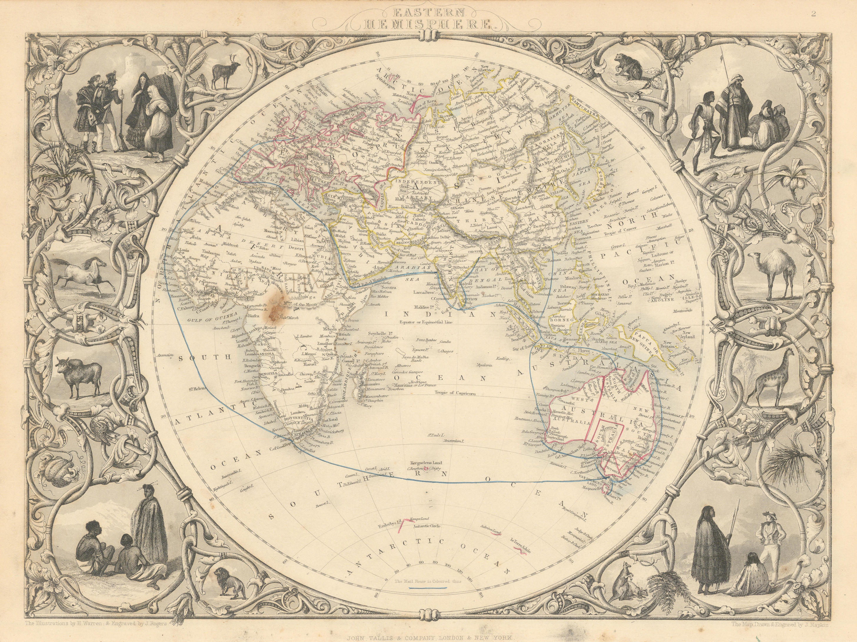 Associate Product EASTERN HEMISPHERE.Shows mail routes to British colonies. RAPKIN/TALLIS 1851 map