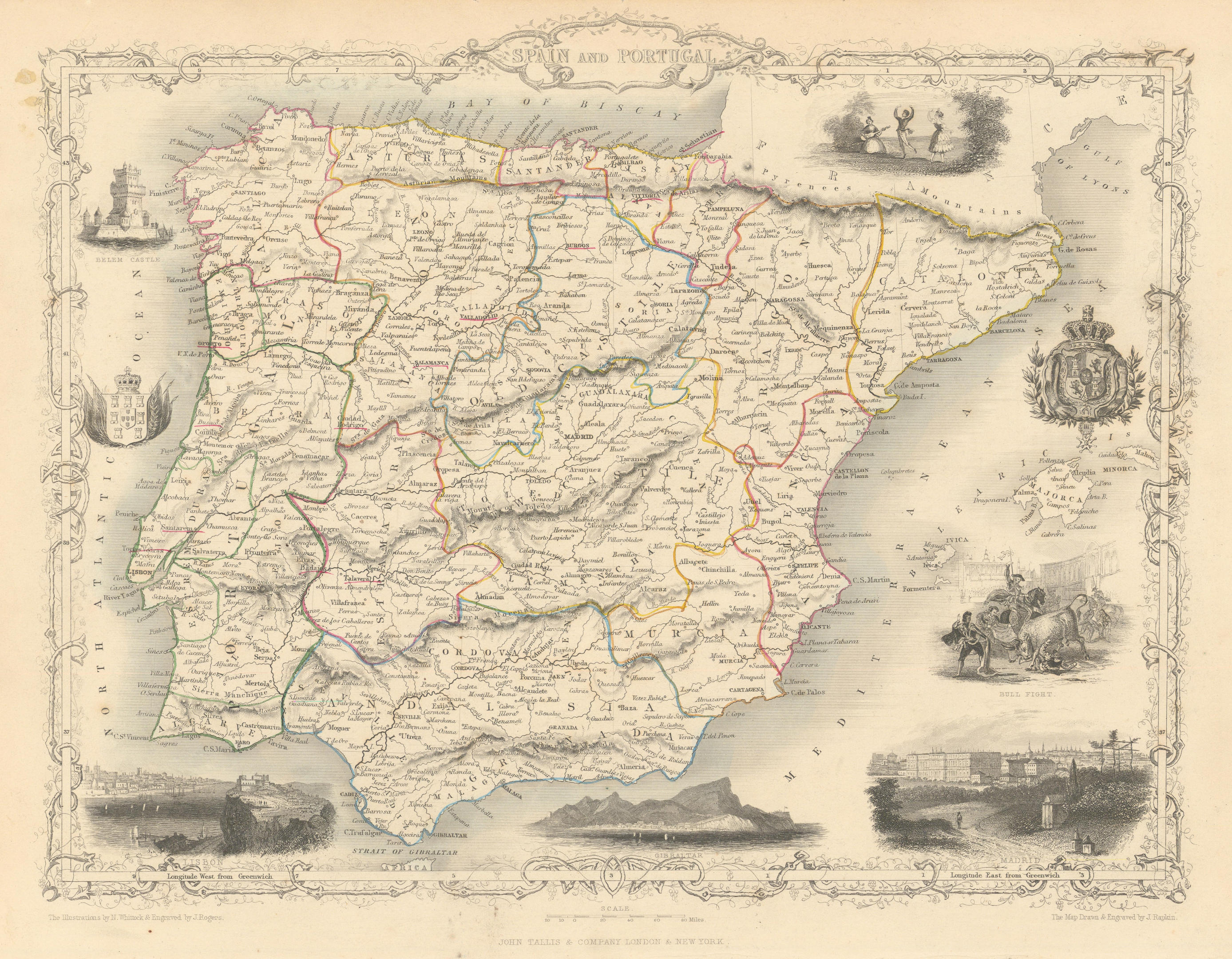 Associate Product SPAIN & PORTUGAL. Madrid Lisbon Gibraltar views. Iberia TALLIS & RAPKIN 1851 map