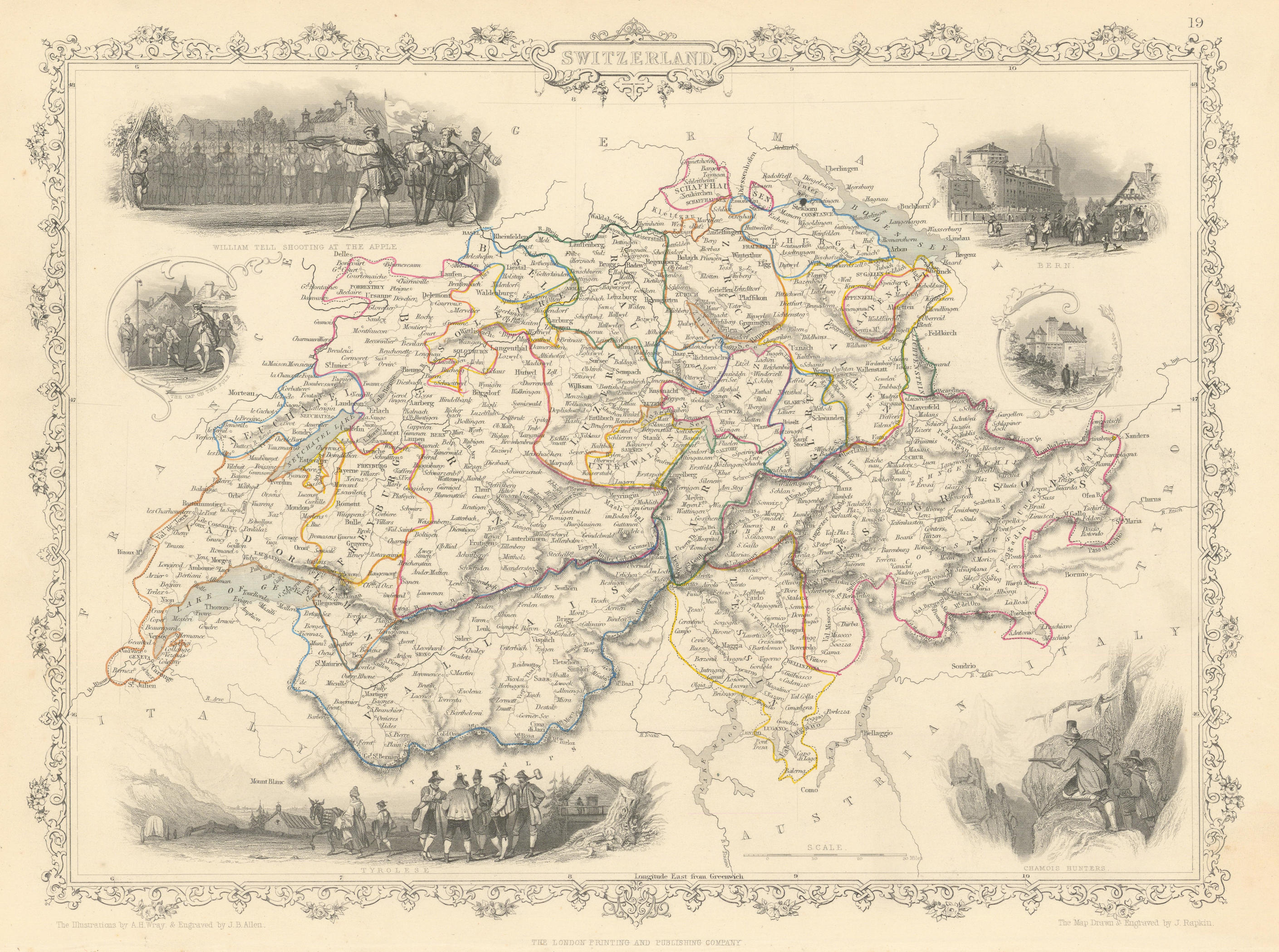 Associate Product SWITZERLAND. William Tell shooting apple. Cantons. TALLIS & RAPKIN 1851 map