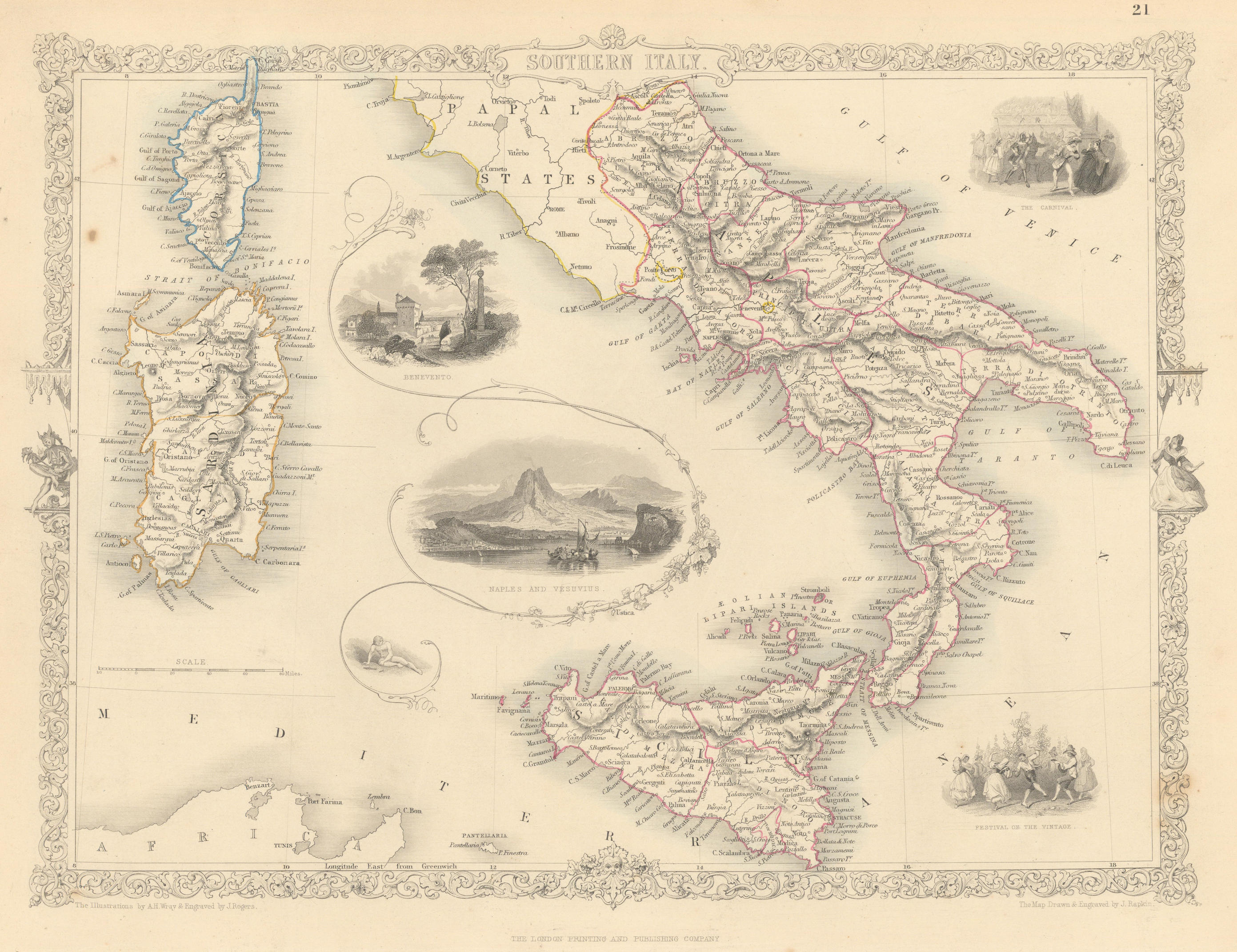 Associate Product SOUTHERN ITALY. Naples/Vesuvius. Sicily Sardinia Corsica. RAPKIN/TALLIS 1851 map