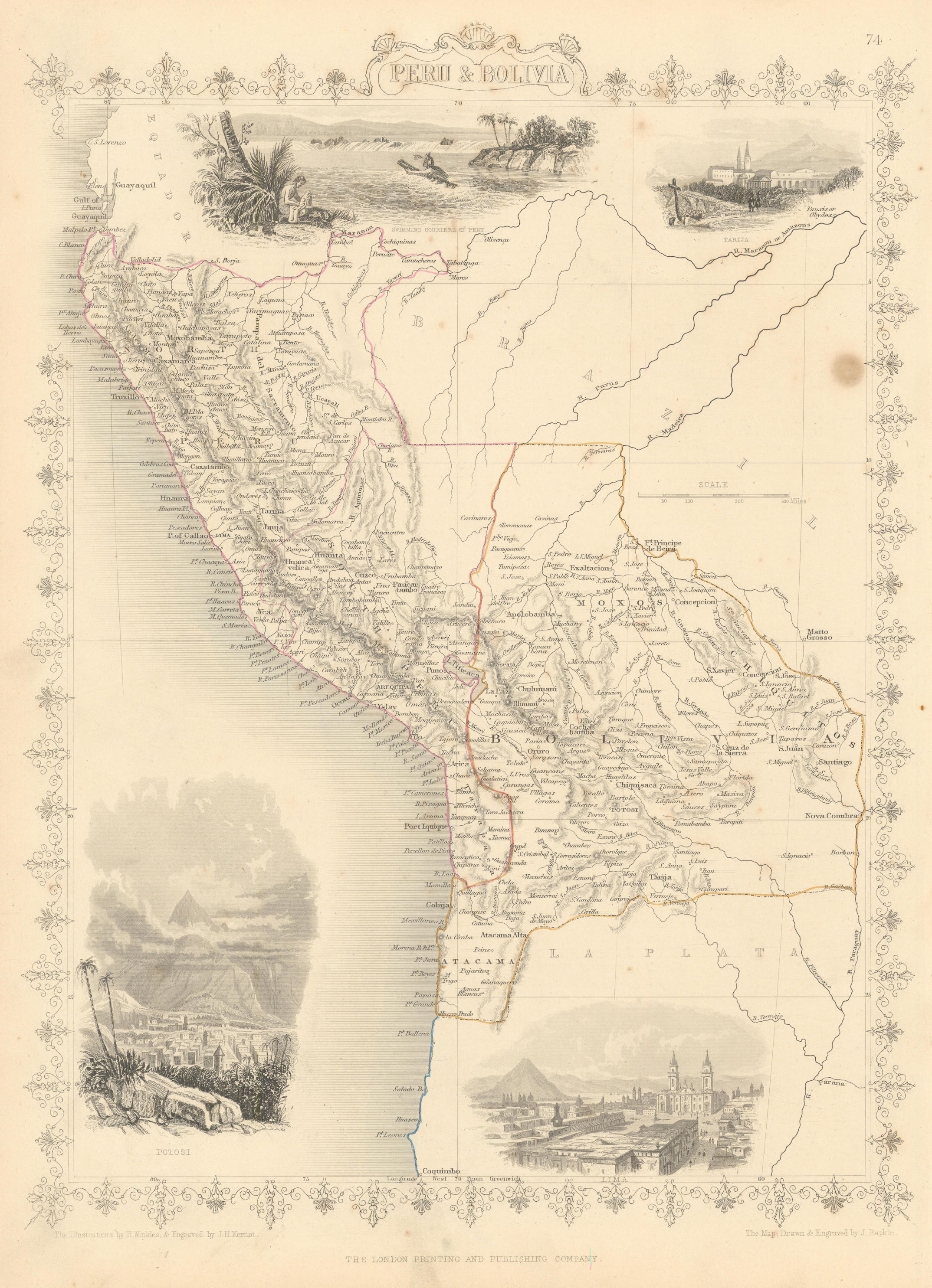 Associate Product PERU & BOLIVIA. Bolivia with Atacama litoral.Potosi view RAPKIN/TALLIS 1851 map