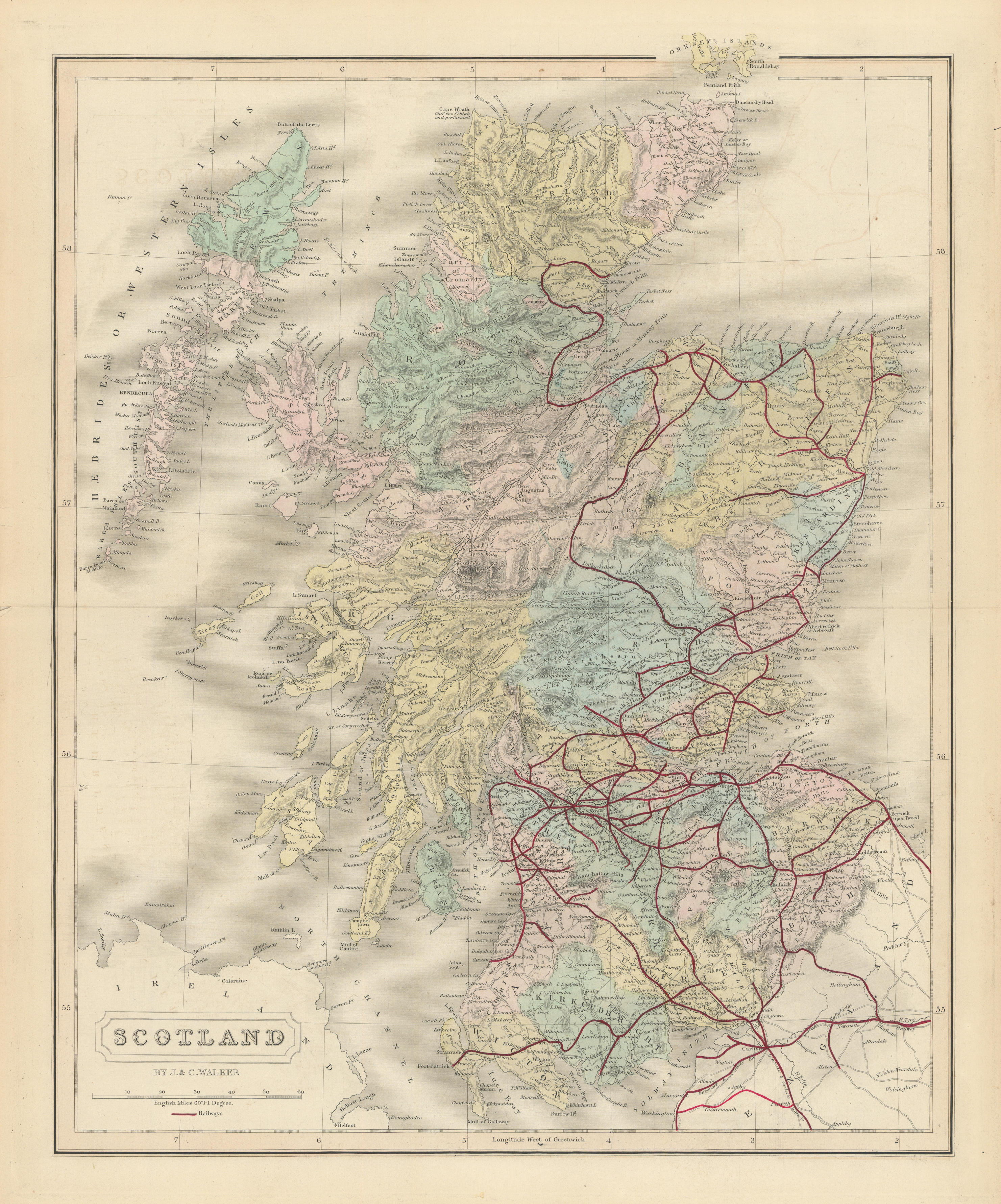 Associate Product Scotland antique map by J & C Walker. Railways & counties 1870 old
