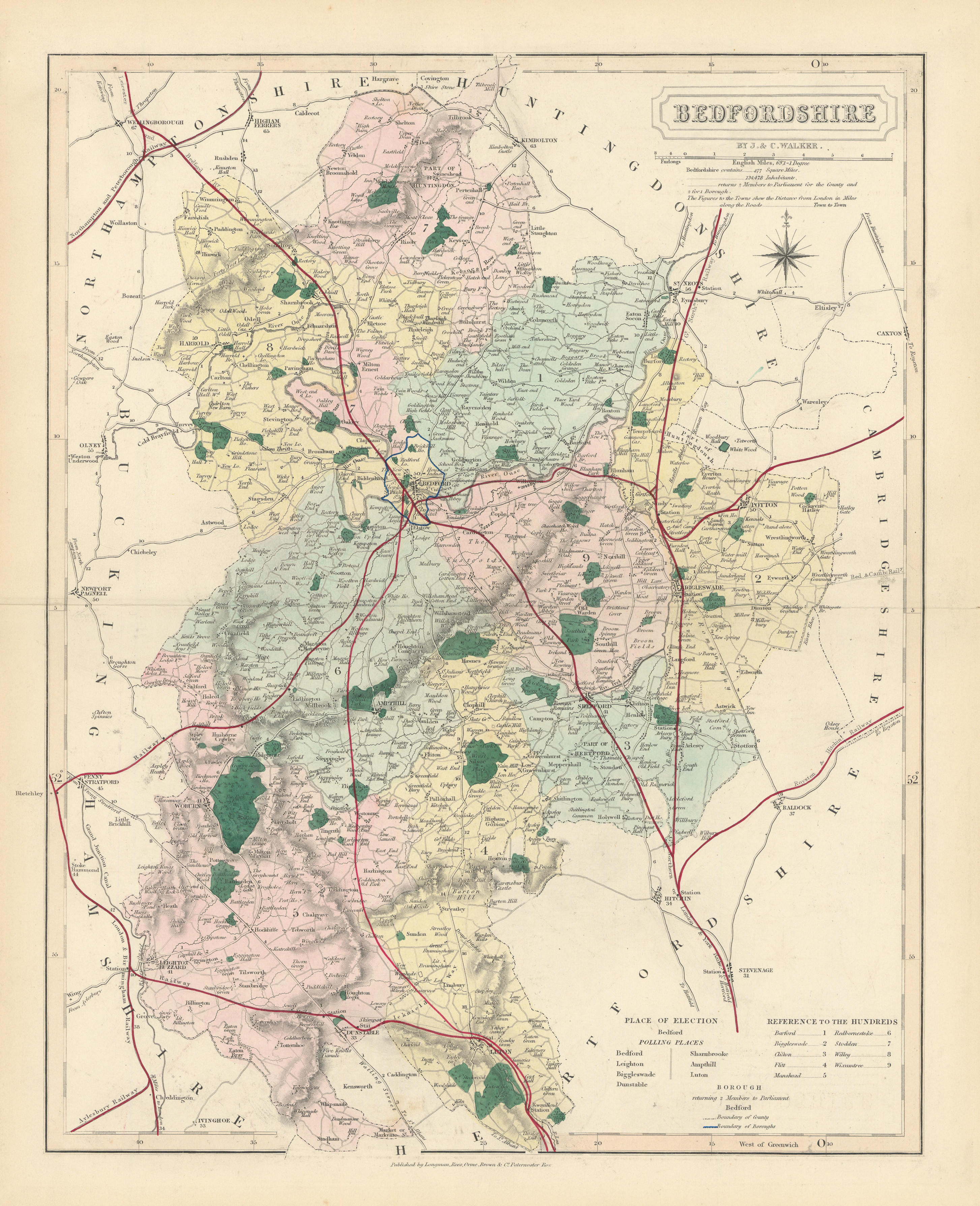 Associate Product Bedfordshire antique county map by J & C Walker. Railways & boroughs 1870