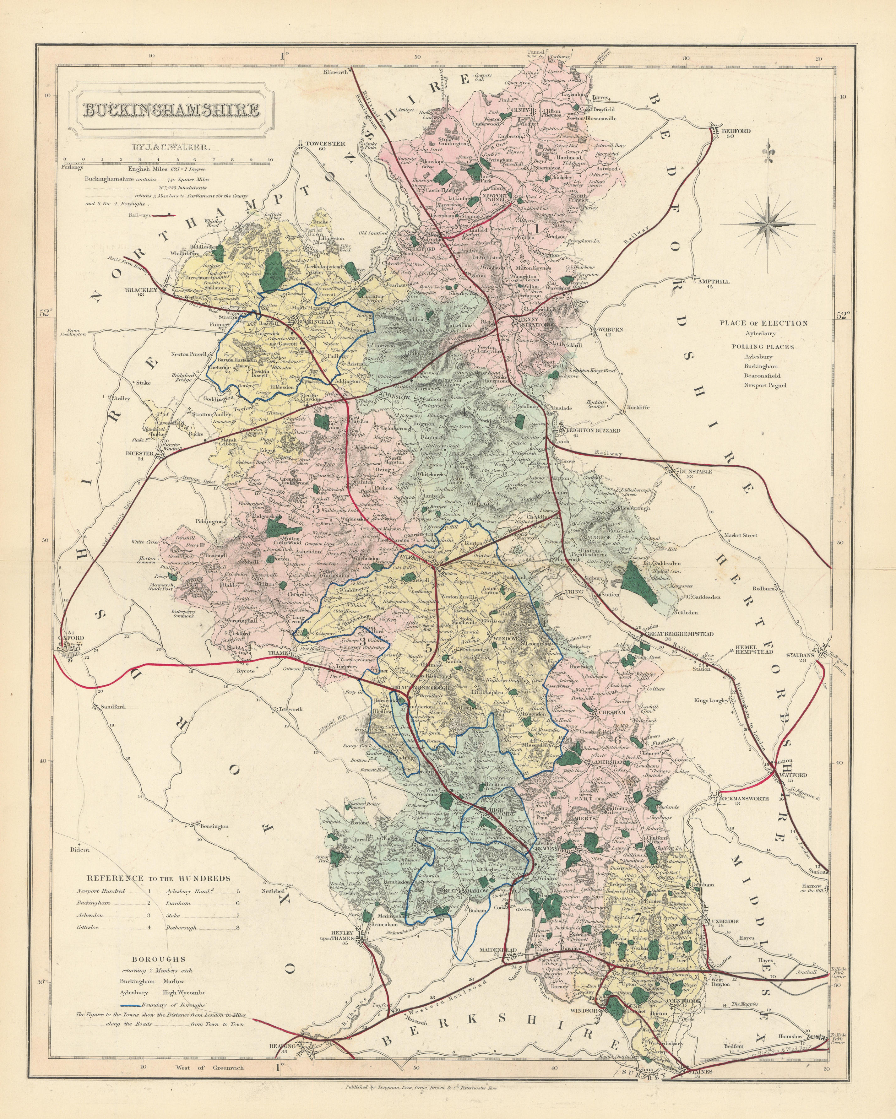 Associate Product Buckinghamshire antique county map by J & C Walker. Railways & boroughs 1870